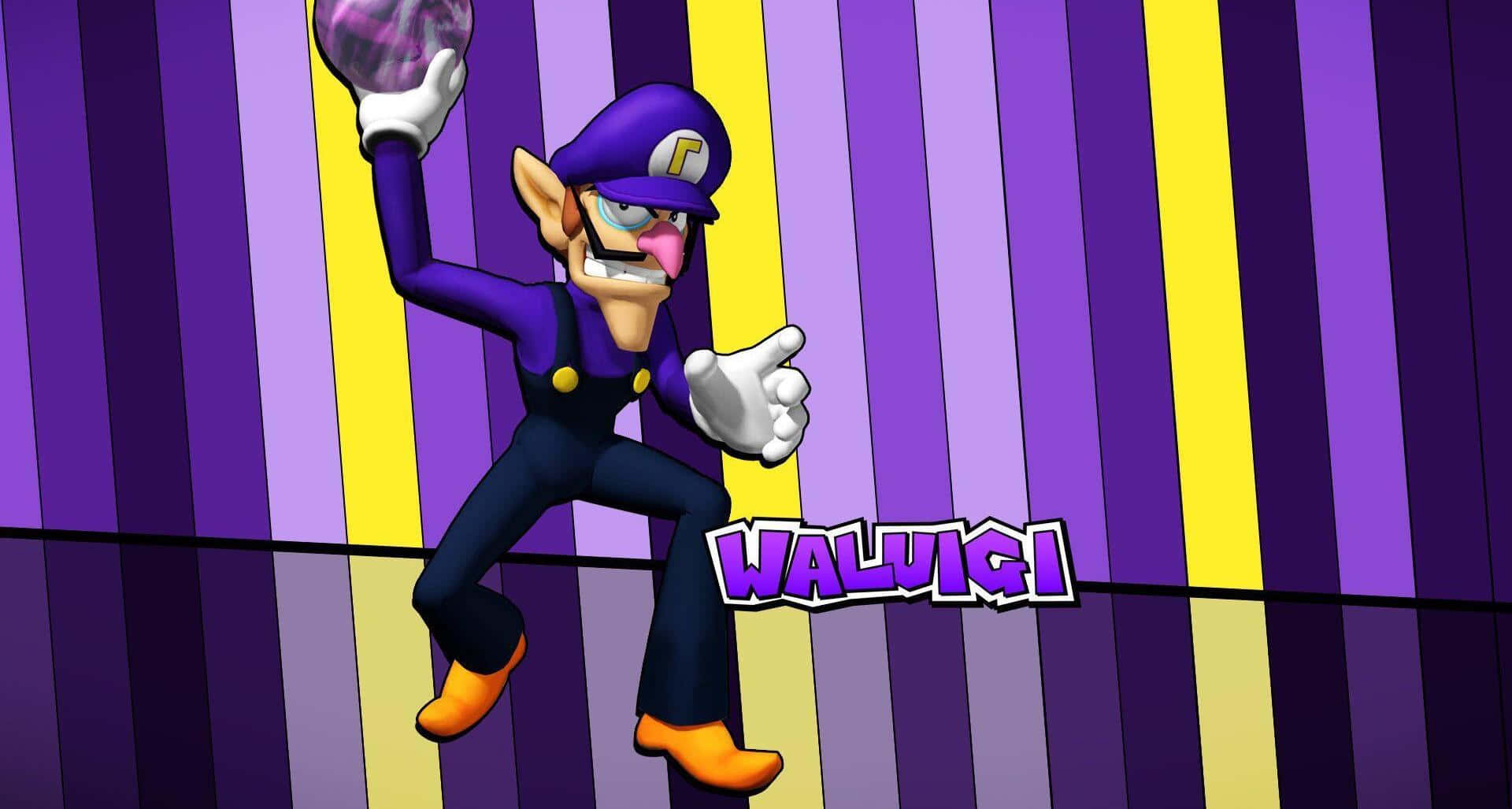 Waluigi 桌布 壁紙 — 瓦路易吉以動感姿勢手持紫色球，背景為大膽的紫色和黃色條紋。
