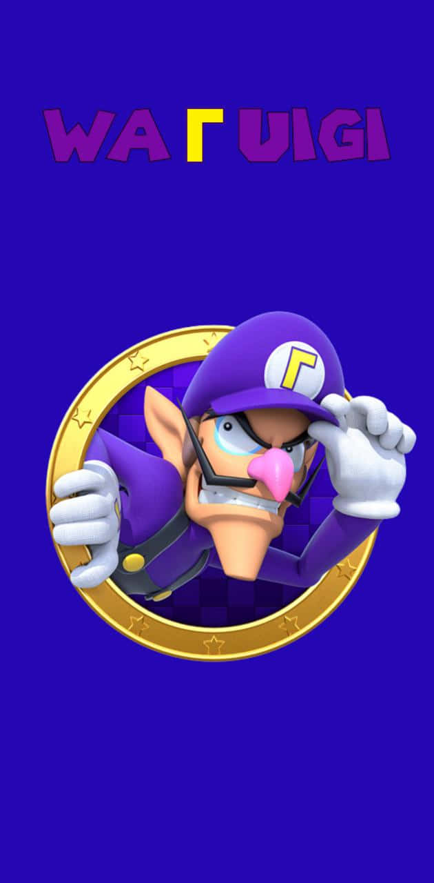 Waluigi 桌布 壁紙 — 瓦路易吉在金色硬幣框架中，帶著憤怒的表情，背景為純藍色。