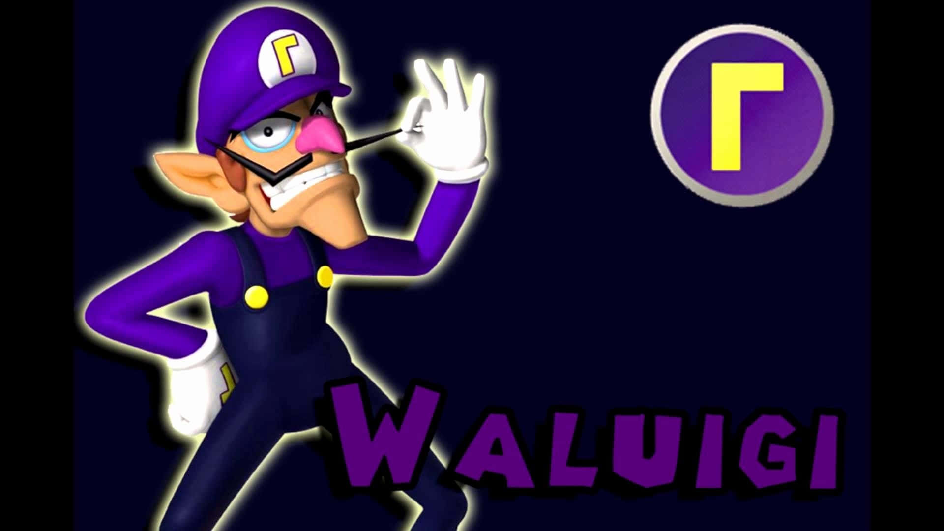 Waluigi 桌布 壁紙 — 瓦路易吉穿著標誌性的紫色服裝，在深色背景前擺出自信姿勢，並顯示其標誌和名字。