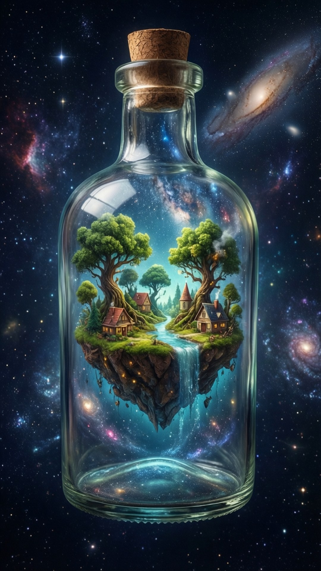 瓶中島 壁紙 — 一個帶有軟木塞的玻璃瓶漂浮在太空中，裡面包含一個浮島，島上有樹木、房屋和瀑布，背景是繁星點點的銀河天空。