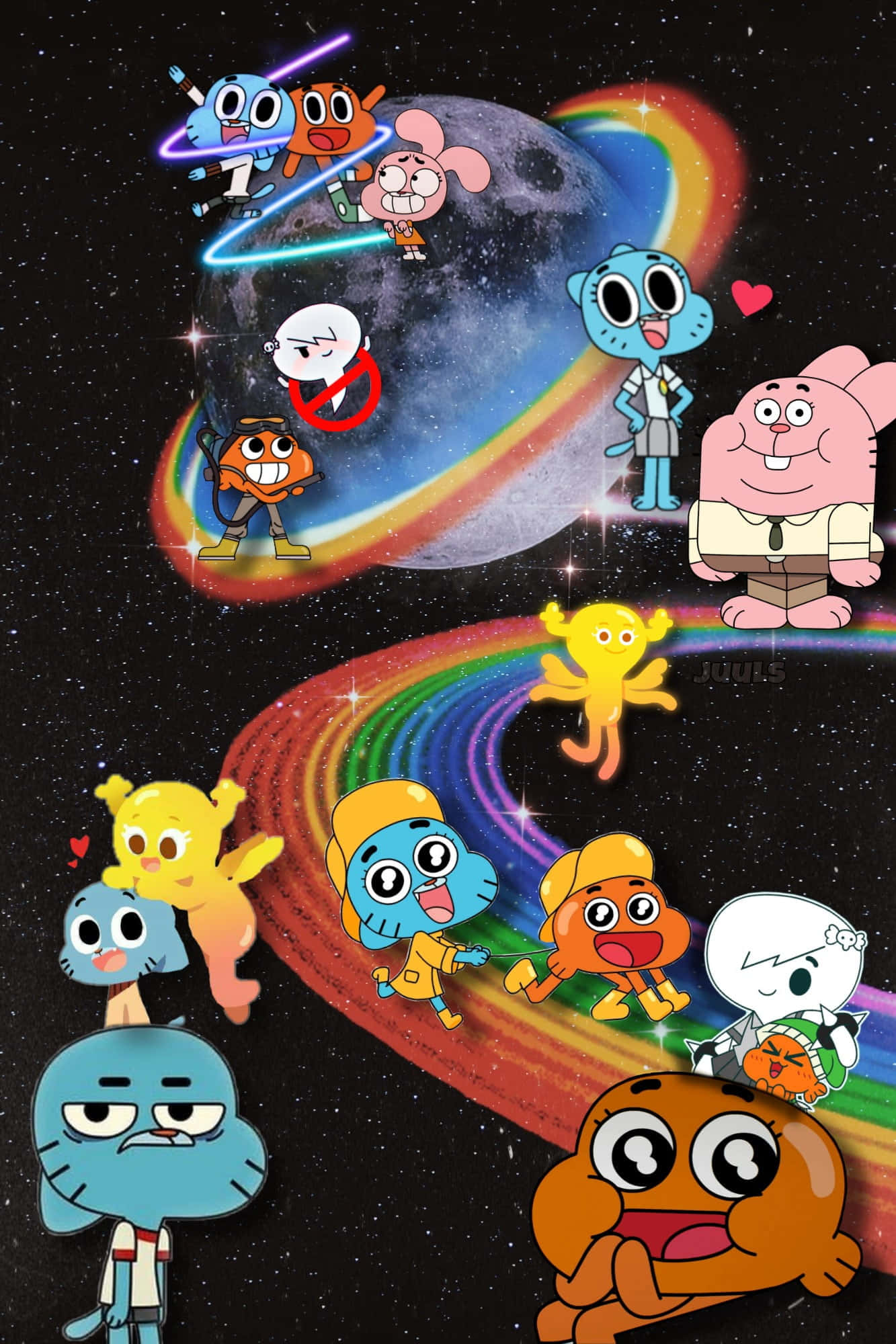 the amazing world of gumball 桌布 壁紙 — 甘寶和朋友們在一個大月亮的星空宇宙背景下，沿著一條充滿活力的彩虹小徑快樂地漂浮和奔跑。