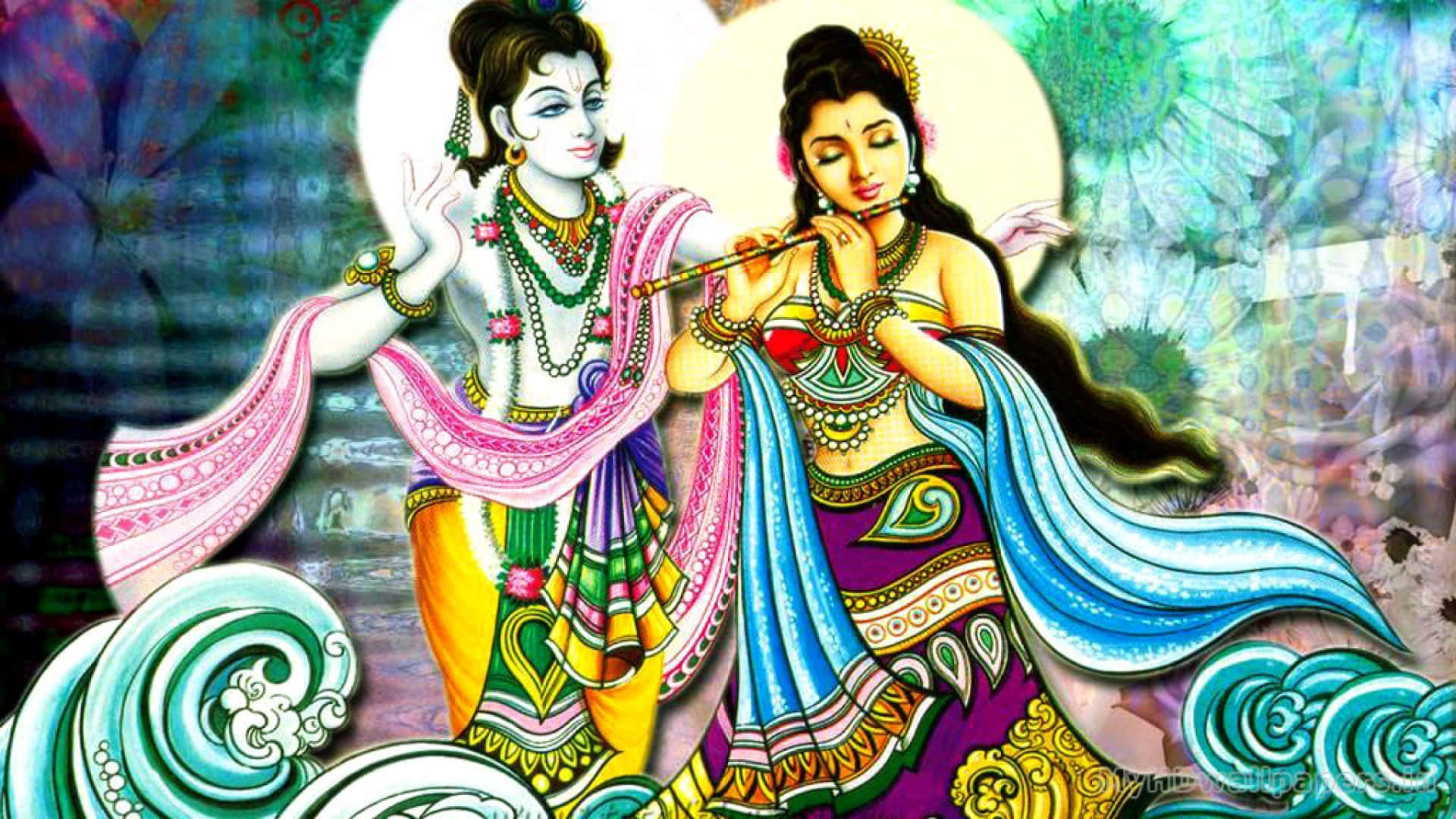 Indian 桌布 壁紙 — 生動描繪的印度教神祇克里希納和拉達，身著華麗的傳統服飾，在發光光環下於旋轉的藍綠色波浪中起舞。