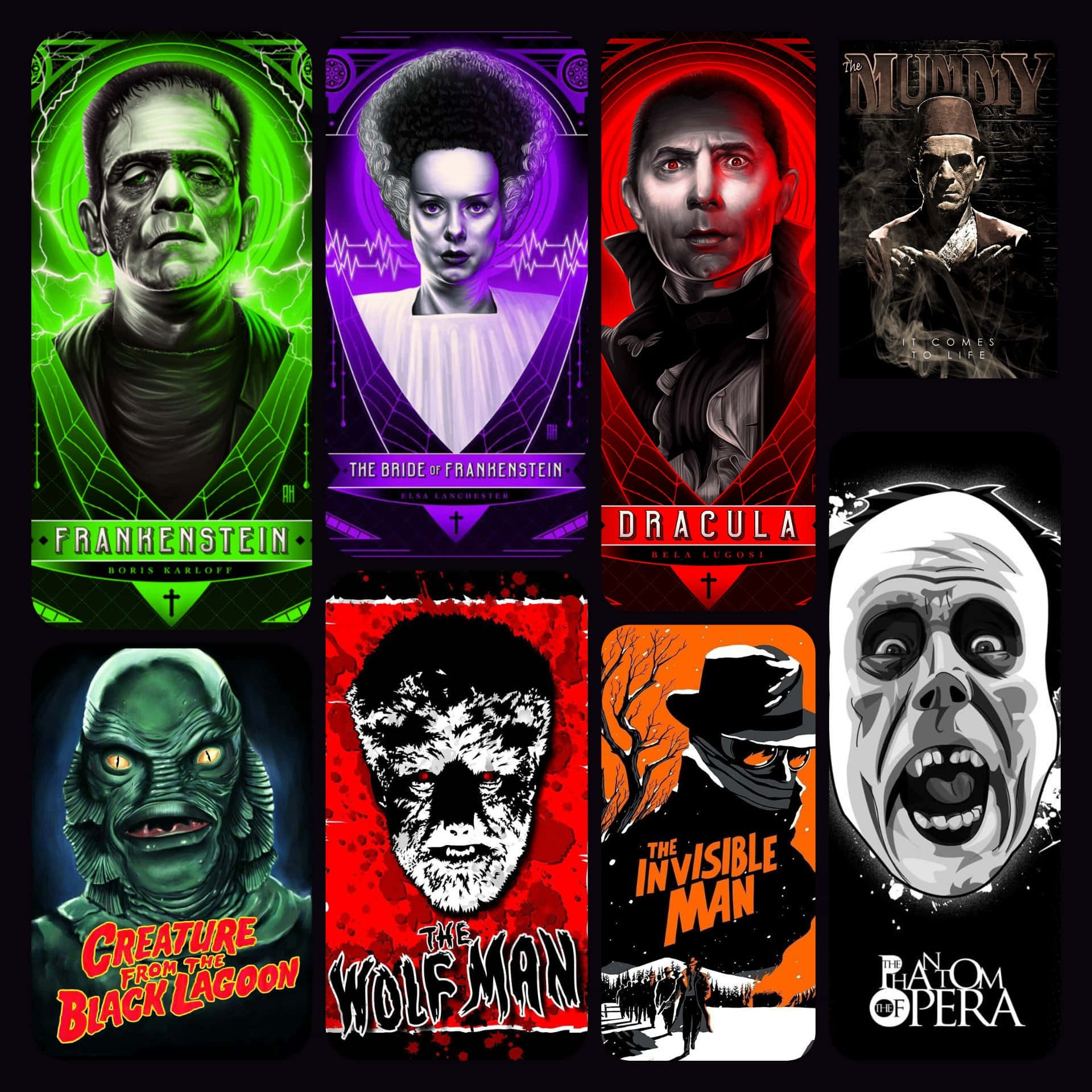 Horror Icons 桌布 壁紙 — 生動描繪的經典恐怖電影怪物，採用大膽色彩面板、戲劇性燈光和風格化字體。