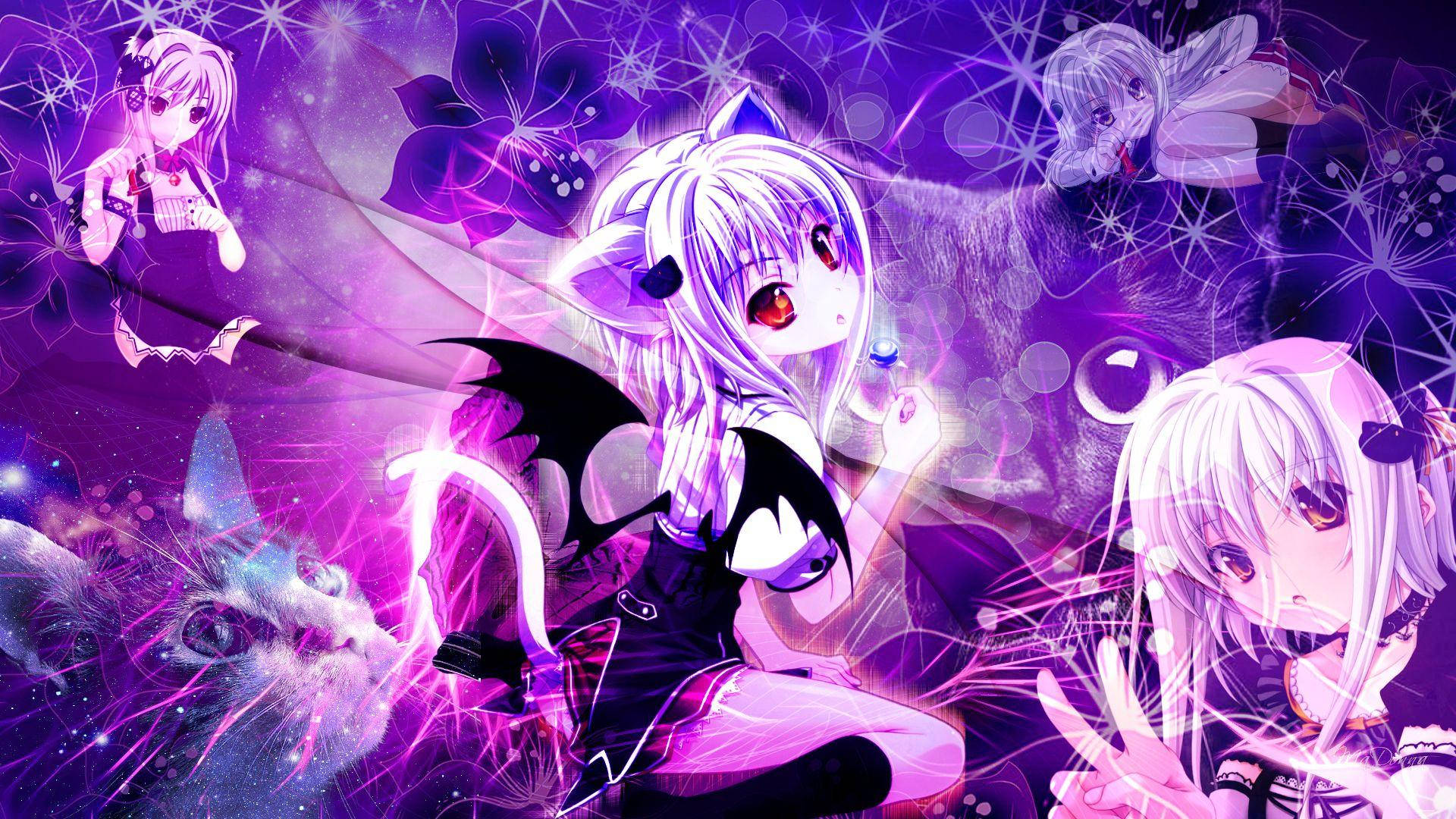 Dxd 桌布 壁紙 — 生動的動漫女孩，有貓耳和蝙蝠翅膀，在閃爍的紫色幻想場景中發光。