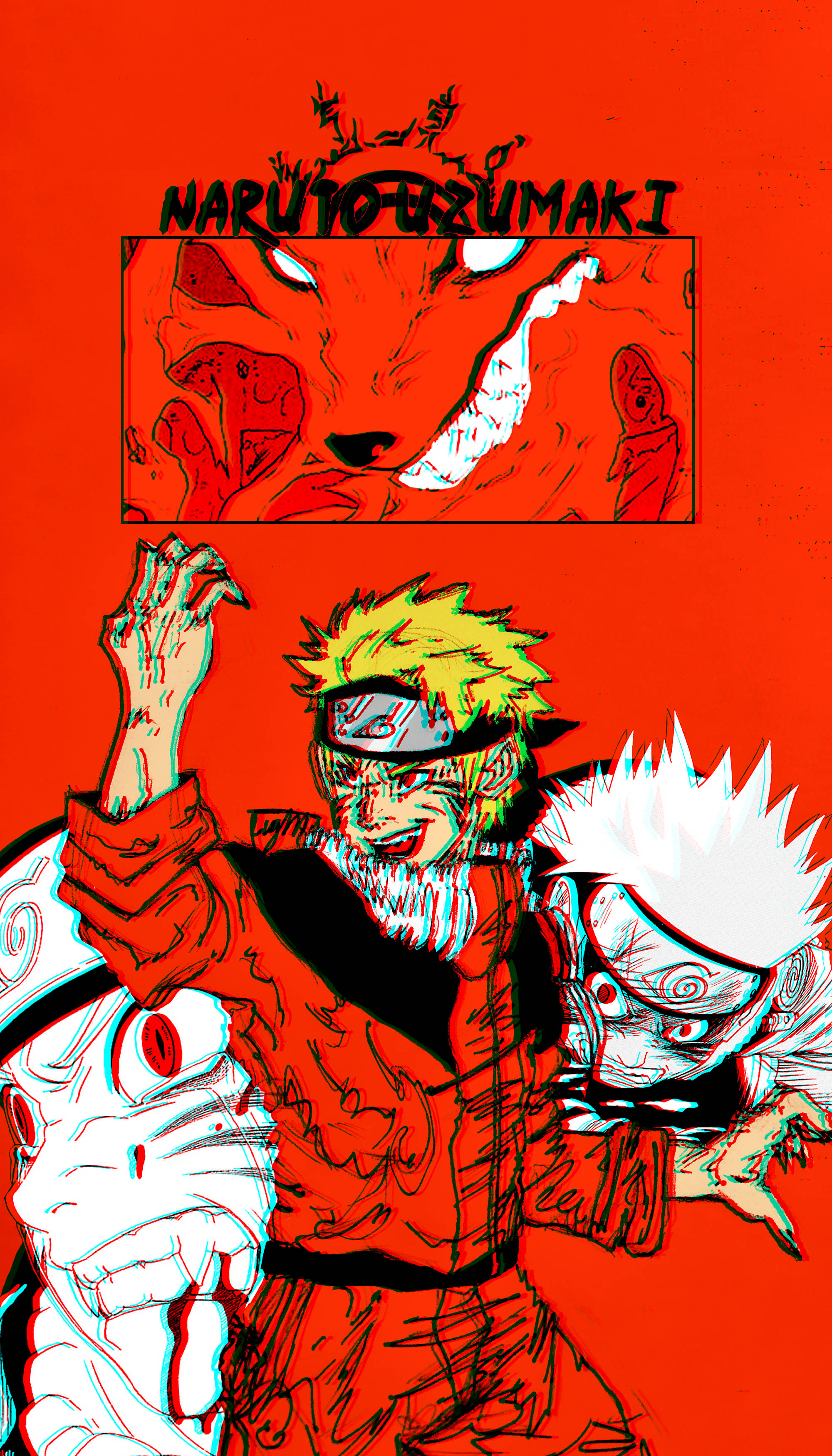 火影忍者 桌布 壁紙 — 生動的動漫插圖，描繪了漩渦鳴人穿著紅色忍者裝備，上方有九尾狐頭，背景為火紅色。