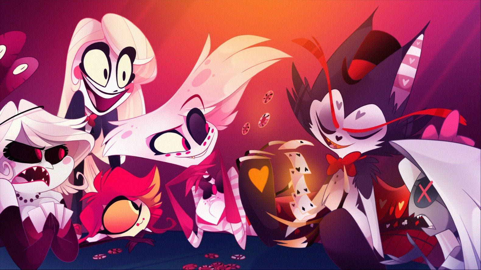 Hazbin Hotel 桌布 壁紙 — 生動的動漫角色，擁有鋒利的牙齒和心形圖案，聚集在火紅和紫色的場景中。