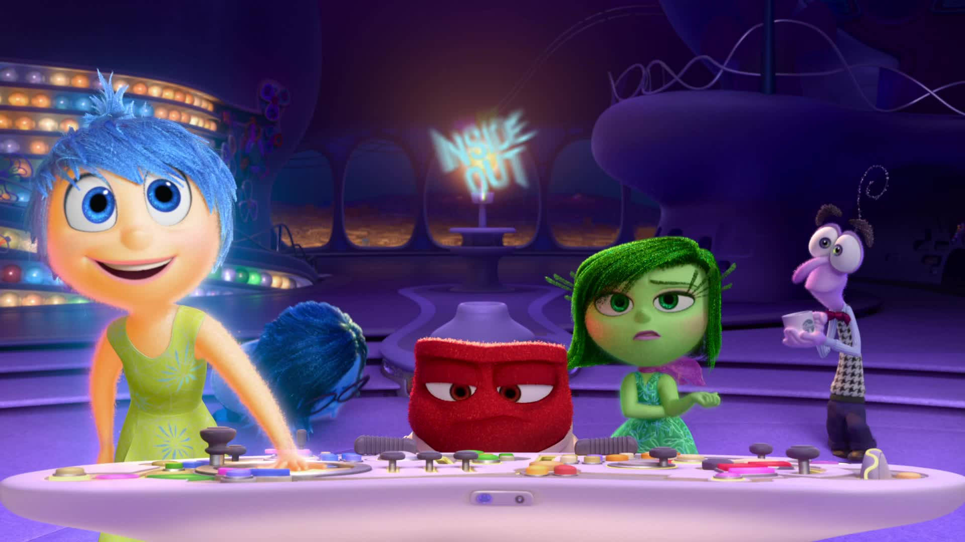 sadness 桌布 壁紙 — 生動的動畫角色在發光的紫色控制室中，帶有「Inside Out」標誌。