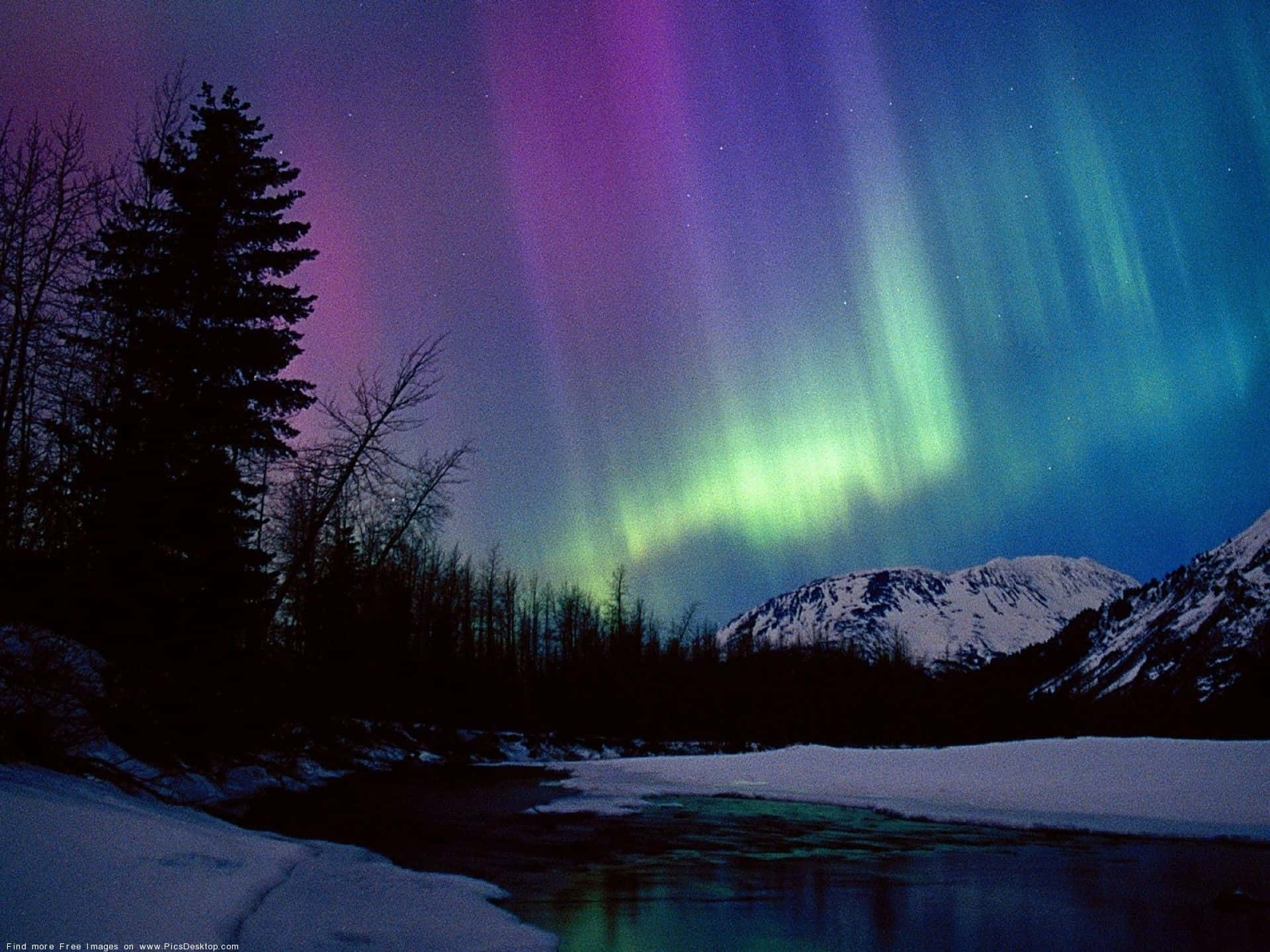 Aurora 桌布 壁紙 — 生動的北極光在紫色和綠色中舞動，夜晚在積雪覆蓋的山脈和冰凍的河流之上。