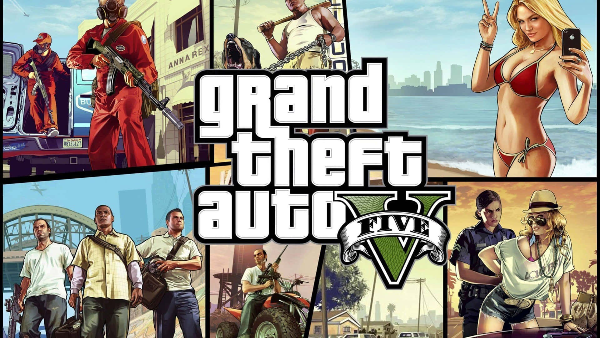 Grand Theft Auto V 桌布 壁紙 — 生動的拼貼畫，展示《Grand Theft Auto V》角色在都市環境中，以大膽的漫畫風格和飽和色彩呈現。