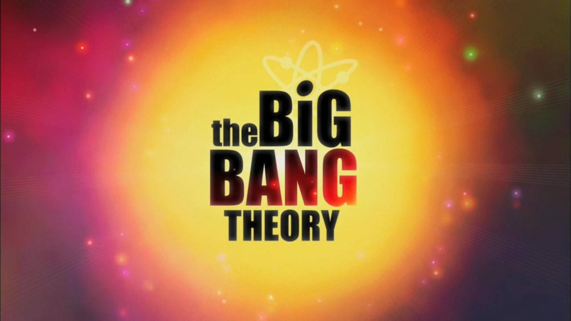 Bang 桌布 壁紙 — 《生活大爆炸》標誌在帶有彩色粒子和原子符號的耀眼宇宙背景上發光。