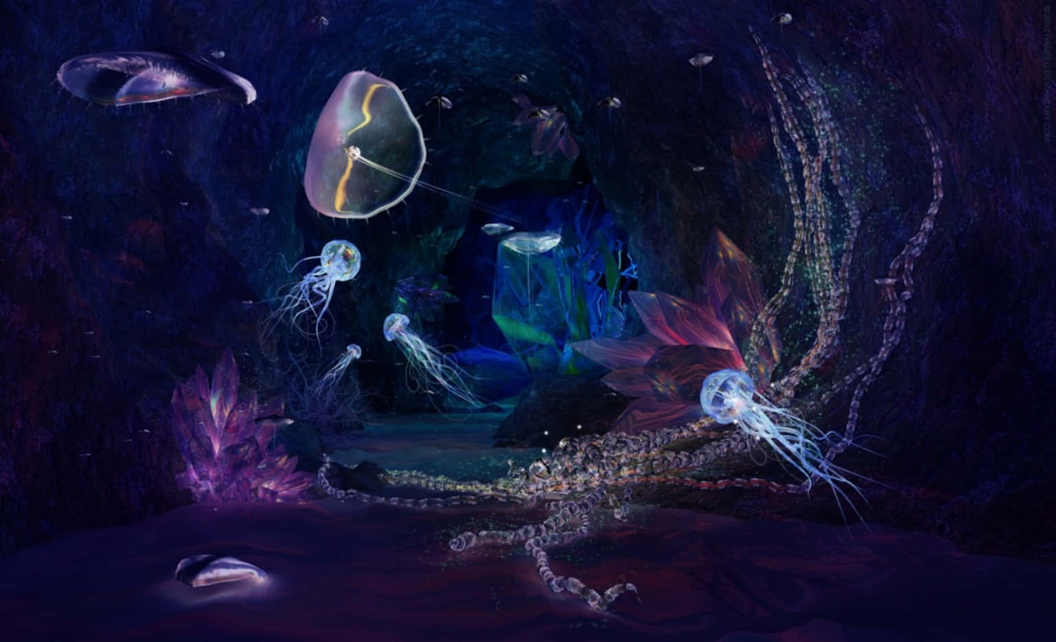 Deep 桌布 壁紙 — 生物發光的水母在黑暗的水下洞穴中漂流，洞穴裝飾著發光的晶體和類似珊瑚的結構。