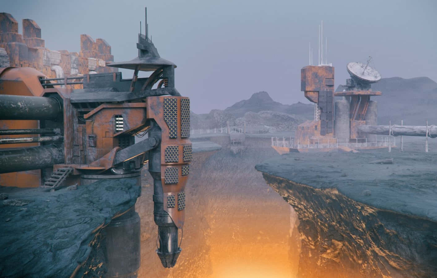 Space Mining 桌布 壁紙 — 生鏽的工業結構棲息在懸崖上，俯瞰著荒涼的外星景觀中發光的橙色熔岩流。