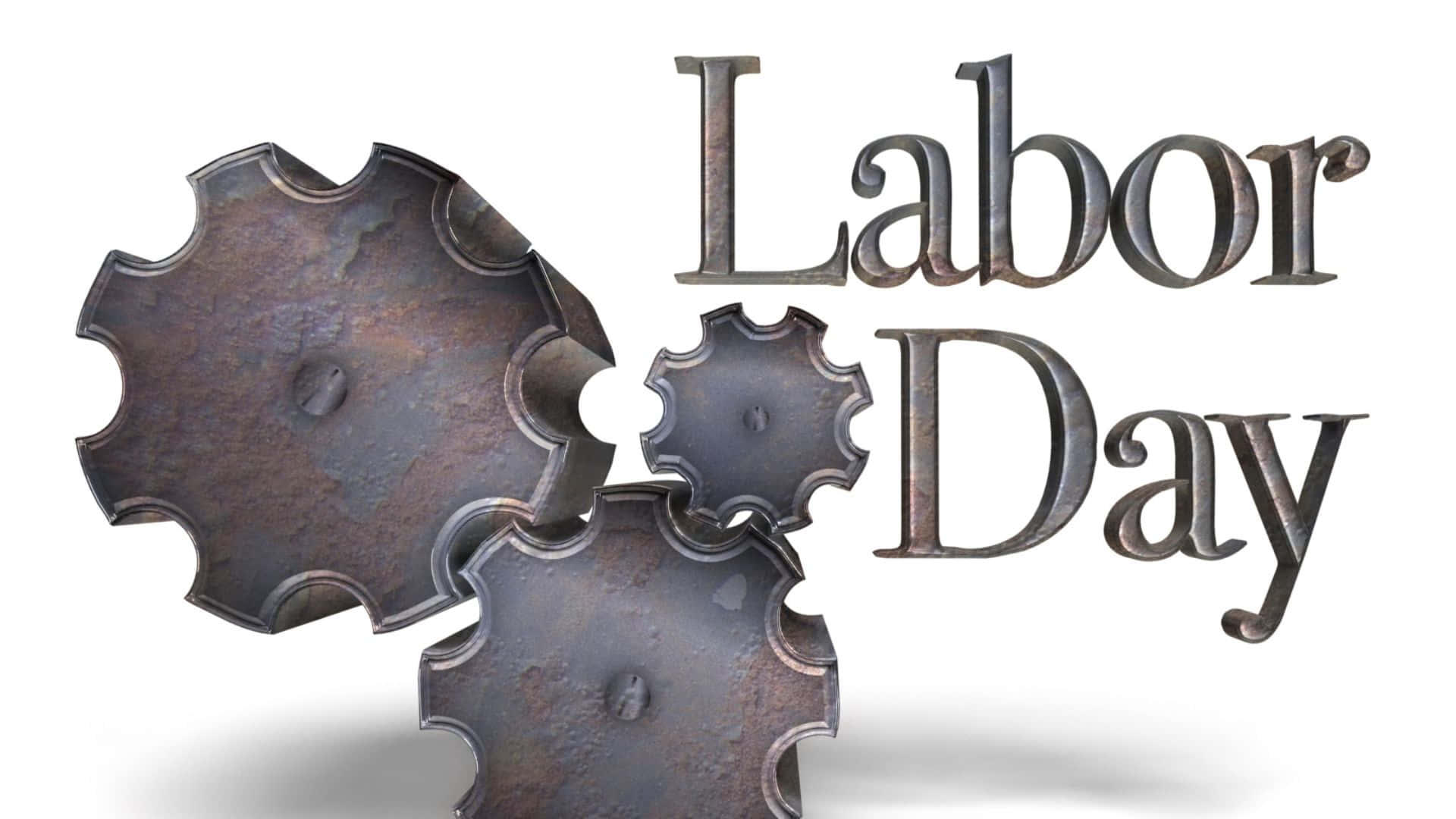 勞動節 桌布 壁紙 — 生鏽的金屬齒輪在Labor Day字詞旁邊以3D渲染的工業風格相互嚙合。