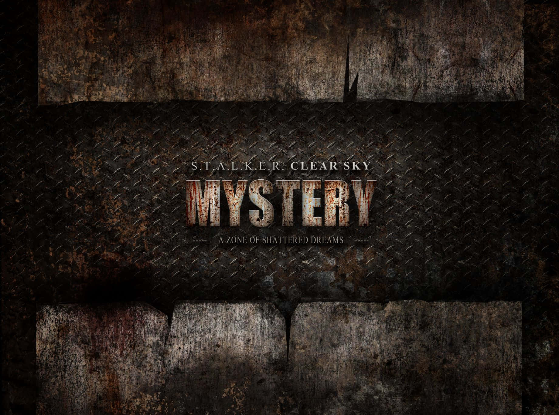 神秘 桌布 壁紙 — 生鏽金屬板上帶有「MYSTERY」文字，採用粗獷工業風格，背景為深色紋理。