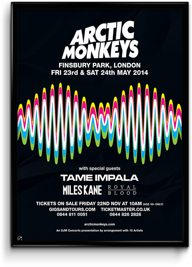北極 桌布 壁紙 — 用於 Arctic Monkeys 演唱會海報的黑色背景上充滿活力的多色聲波圖形。