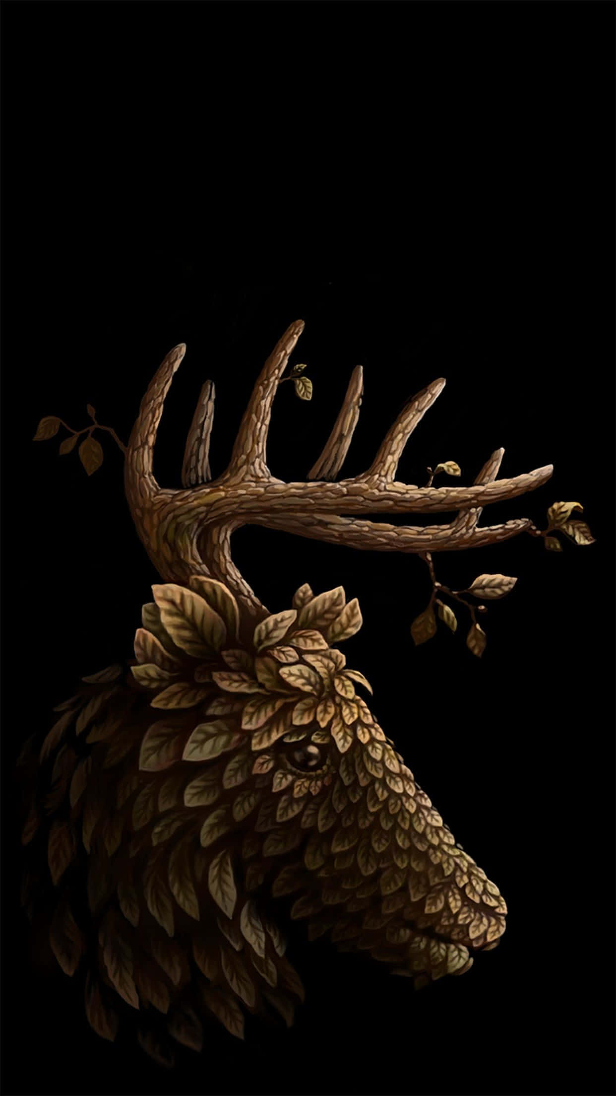 Cool Deer 桌布 壁紙 — 用樹葉和樹枝製成的雄偉鹿頭，鹿角上裝飾著小樹枝，襯托在純黑背景上。