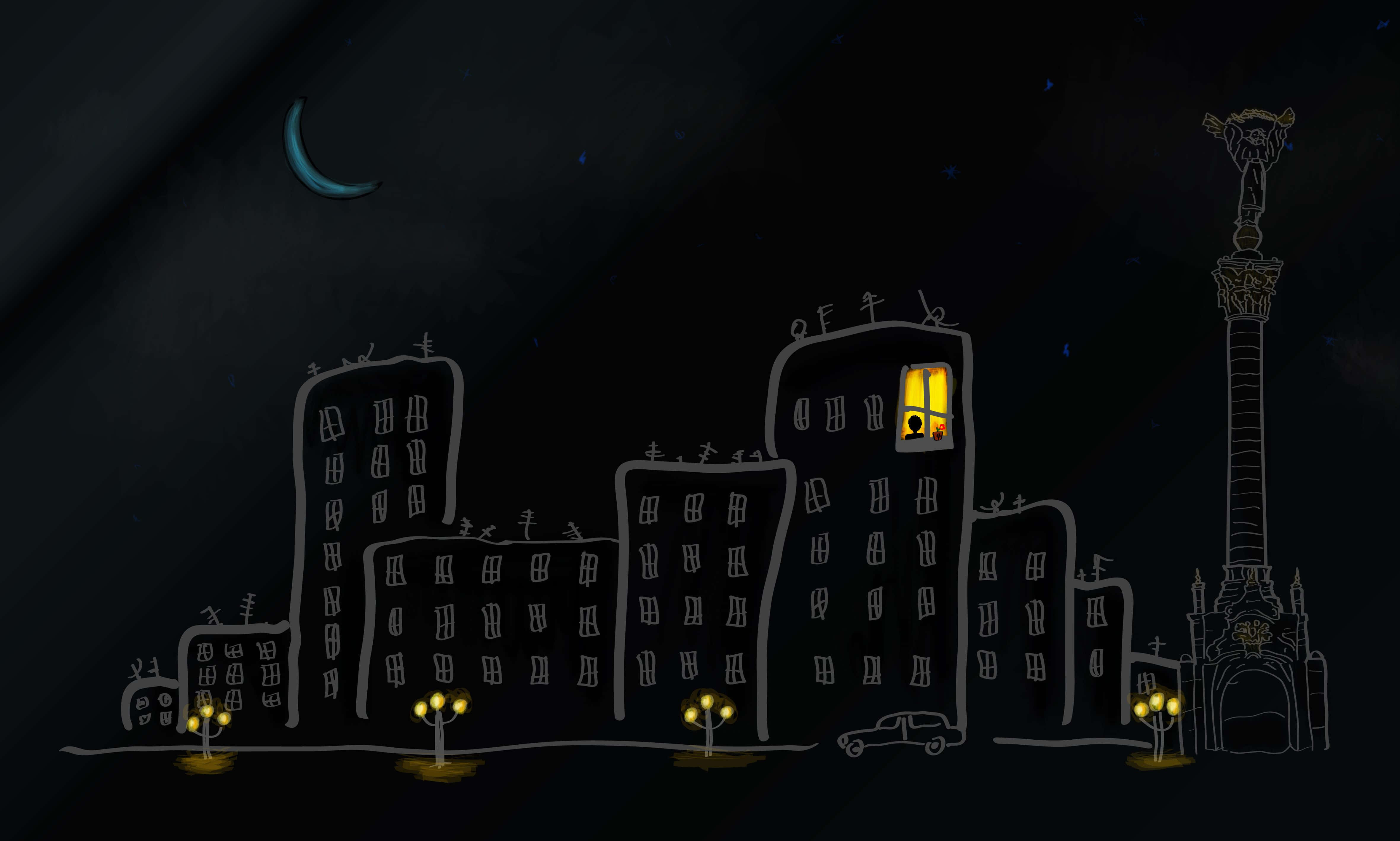 Cartoon 桌布 壁紙 — 用白色粉筆繪製的奇幻夜景城市景觀，有一扇發光的窗戶和上方的彎月。