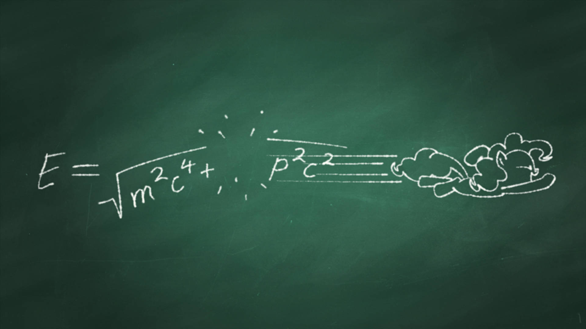 Physics 桌布 壁紙 — 用粉筆在綠色黑板上畫出的物理方程式 E = √(m²c² + p²c²)，尾端有個卡通雲。