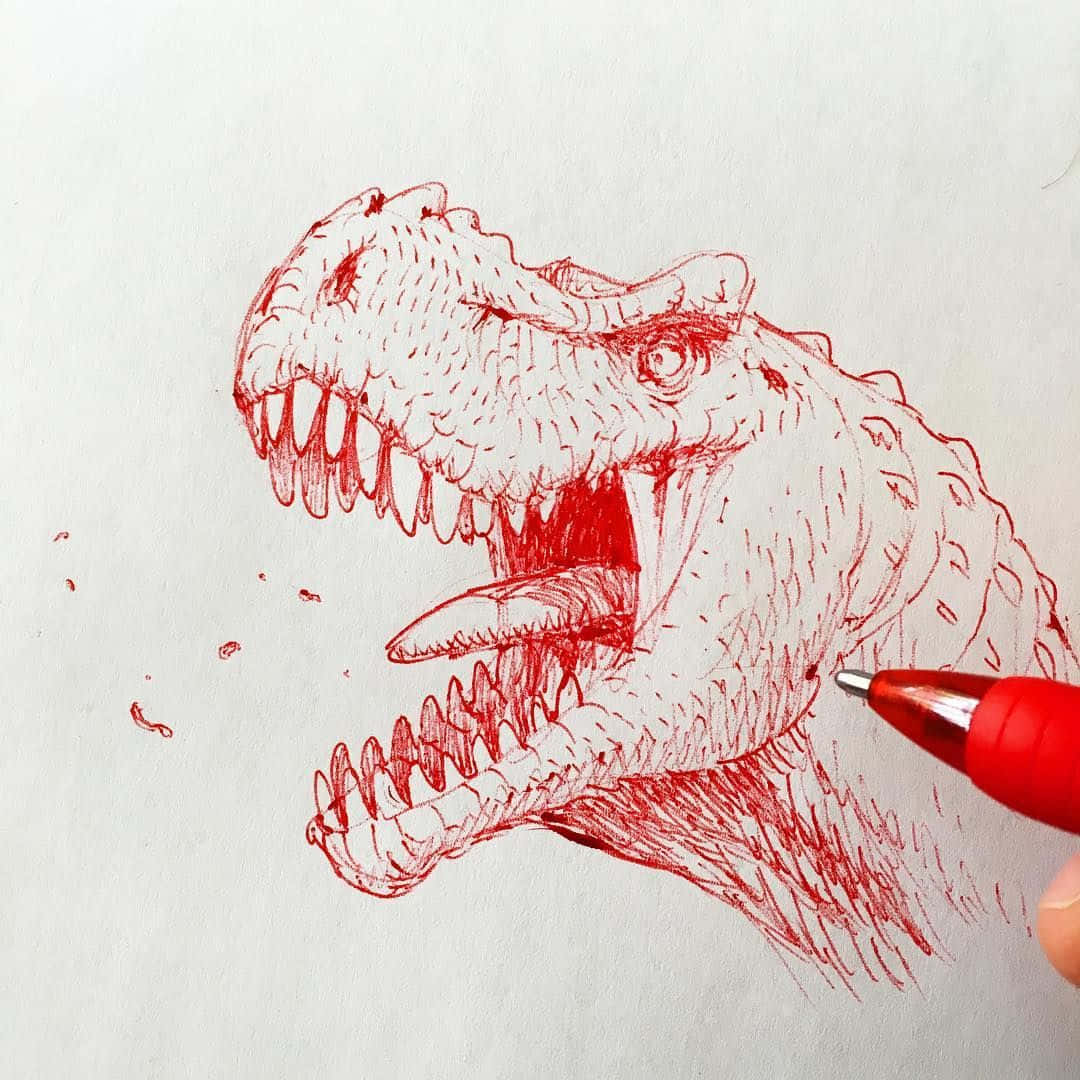 Dinosaur Drawing 桌布 壁紙 — 用紅筆在白紙上繪製的兇猛紅色墨水草圖，描繪一隻咆哮的暴龍頭部。