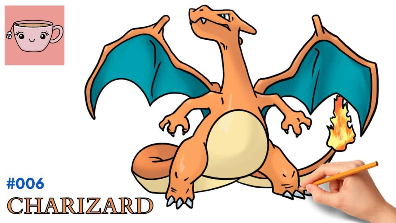 Charizard Pokemon 桌布 壁紙 — 用鉛筆繪畫卡通噴火龍，火焰從尾巴噴出。