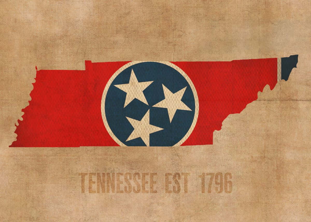 桌布 壁紙 — 田納西州復古紋理地圖，帶有旗幟設計和「TENNESSEE EST 1796」文字，背景為仿舊紙張。