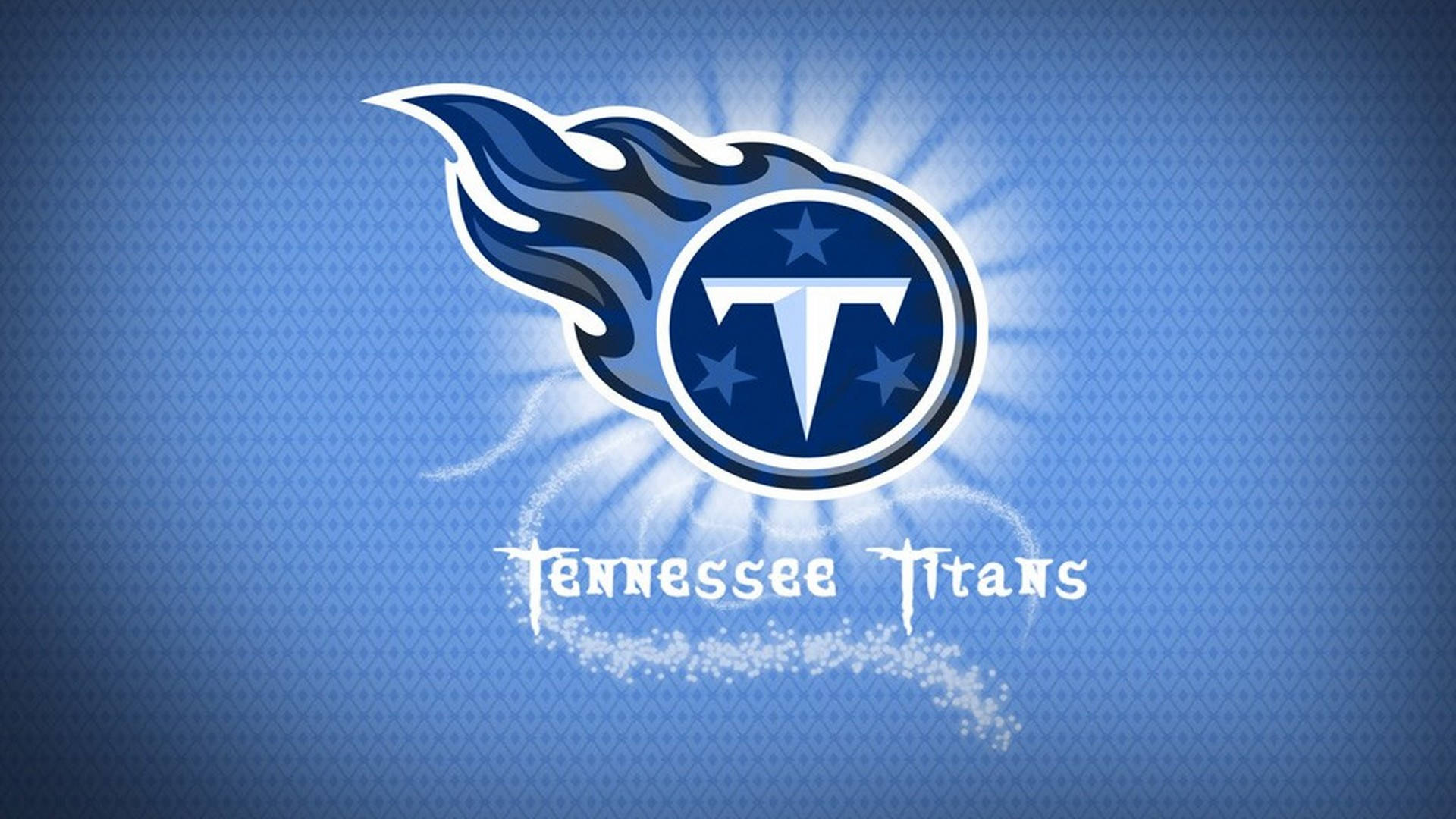 Tennessee 桌布 壁紙 — 田納西泰坦隊標誌，帶有火焰般的 'T' 和星星，在藍色紋理背景上散發光芒，並有發光效果。