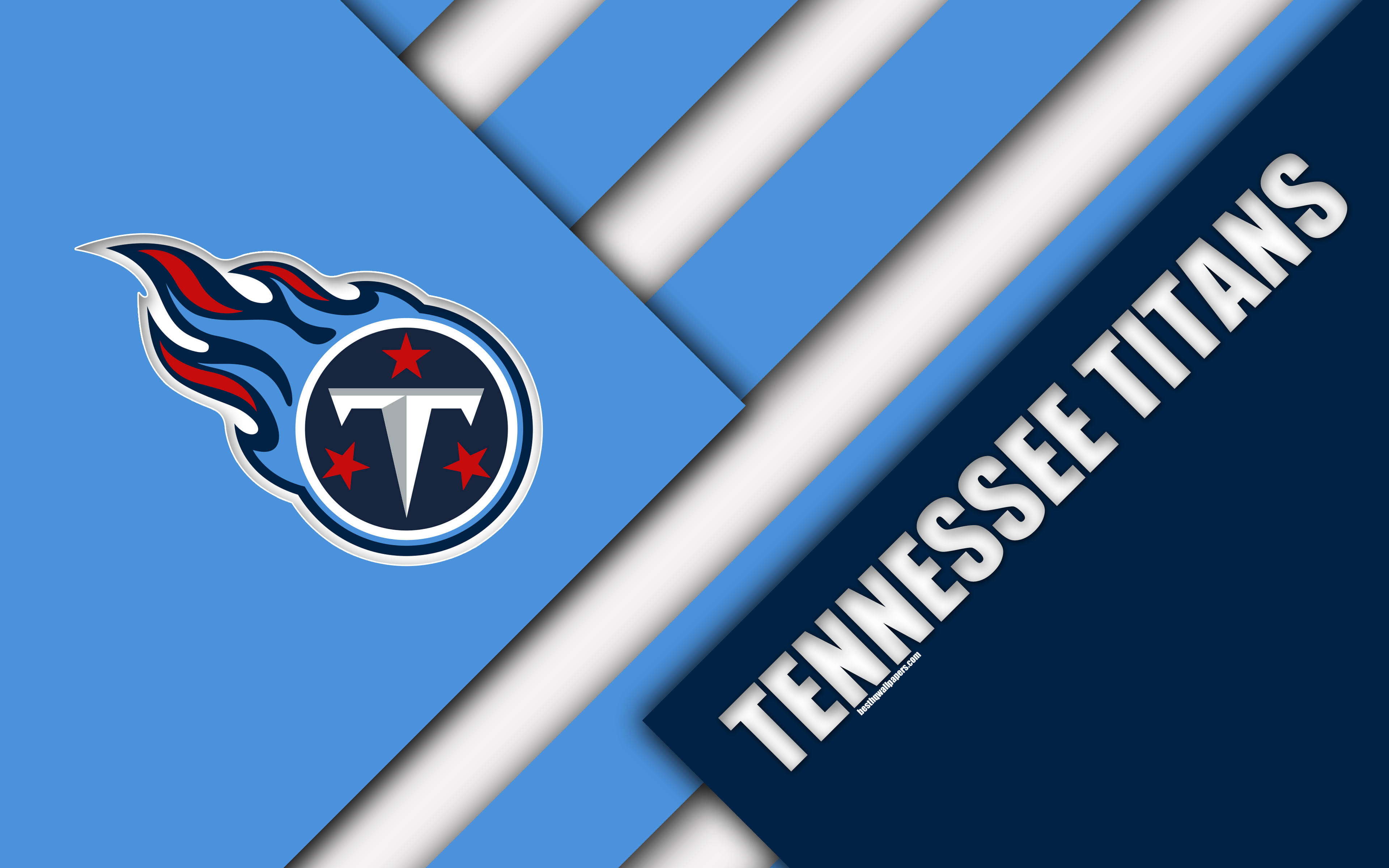 NFL Team Logo 桌布 壁紙 — 田納西泰坦隊標誌和球隊名稱顯示在動態的藍白對角線條紋背景上。
