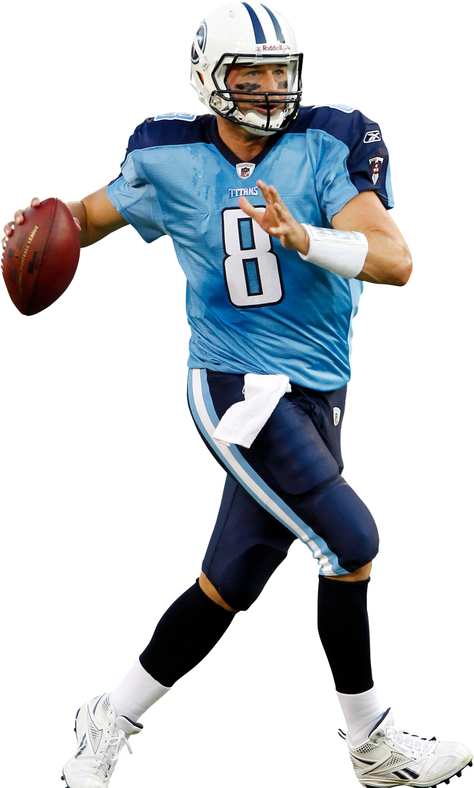 Tennessee Titans 桌布 壁紙 — 田納西泰坦隊的四分衛身穿藍色8號球衣，專注地準備投擲橄欖球。