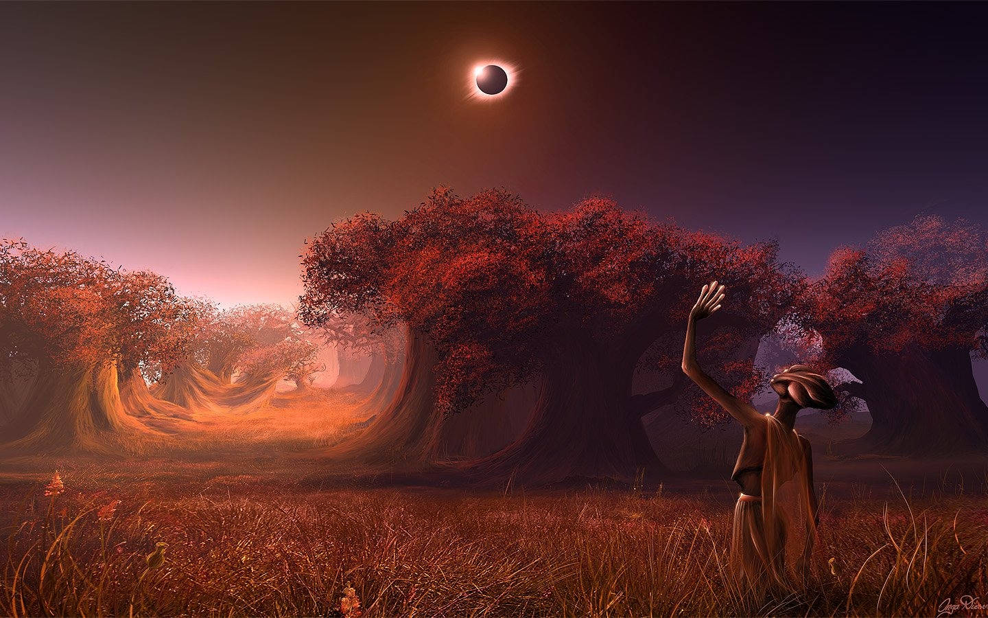 Eclipse 桌布 壁紙 — 田野中一個孤獨的身影向著日食伸出手，火紅的樹木在暮色天空下發光。