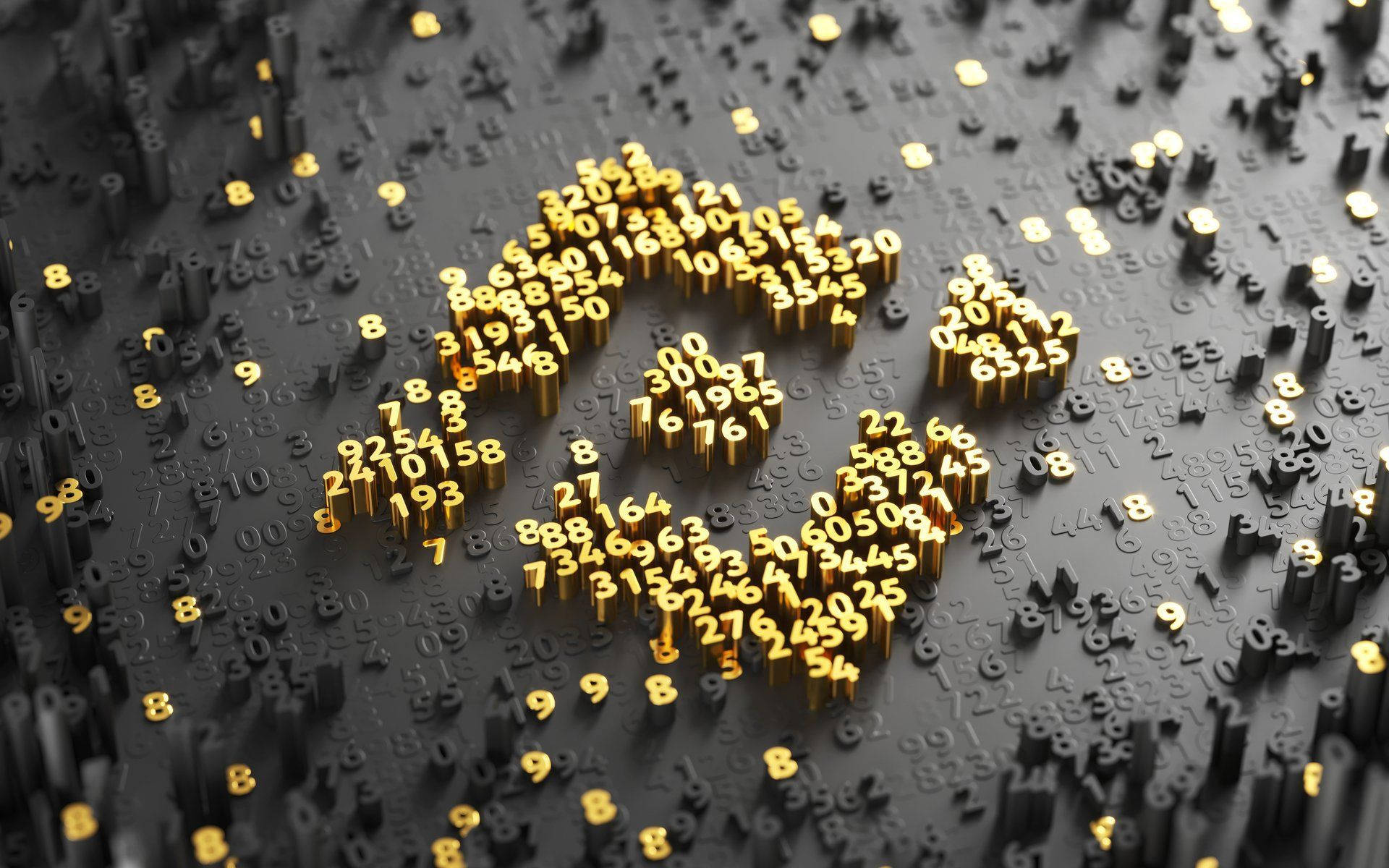 Binance 桌布 壁紙 — 由3D數字組成的金色比特幣符號，在黑暗表面上從黑色和金色數字場中升起。