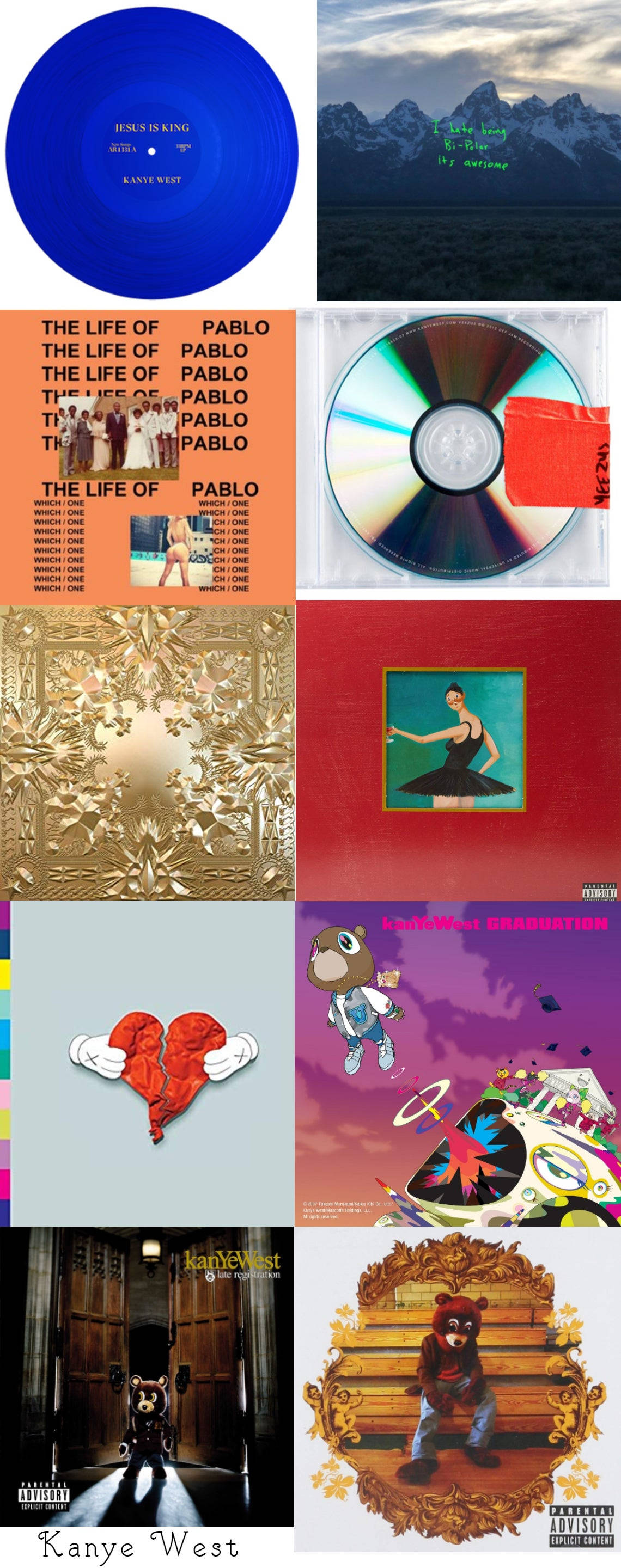 Album Cover 桌布 壁紙 — 由Kanye West及其他藝術家創作的九張專輯封面拼貼畫，色彩鮮豔，風格多樣。