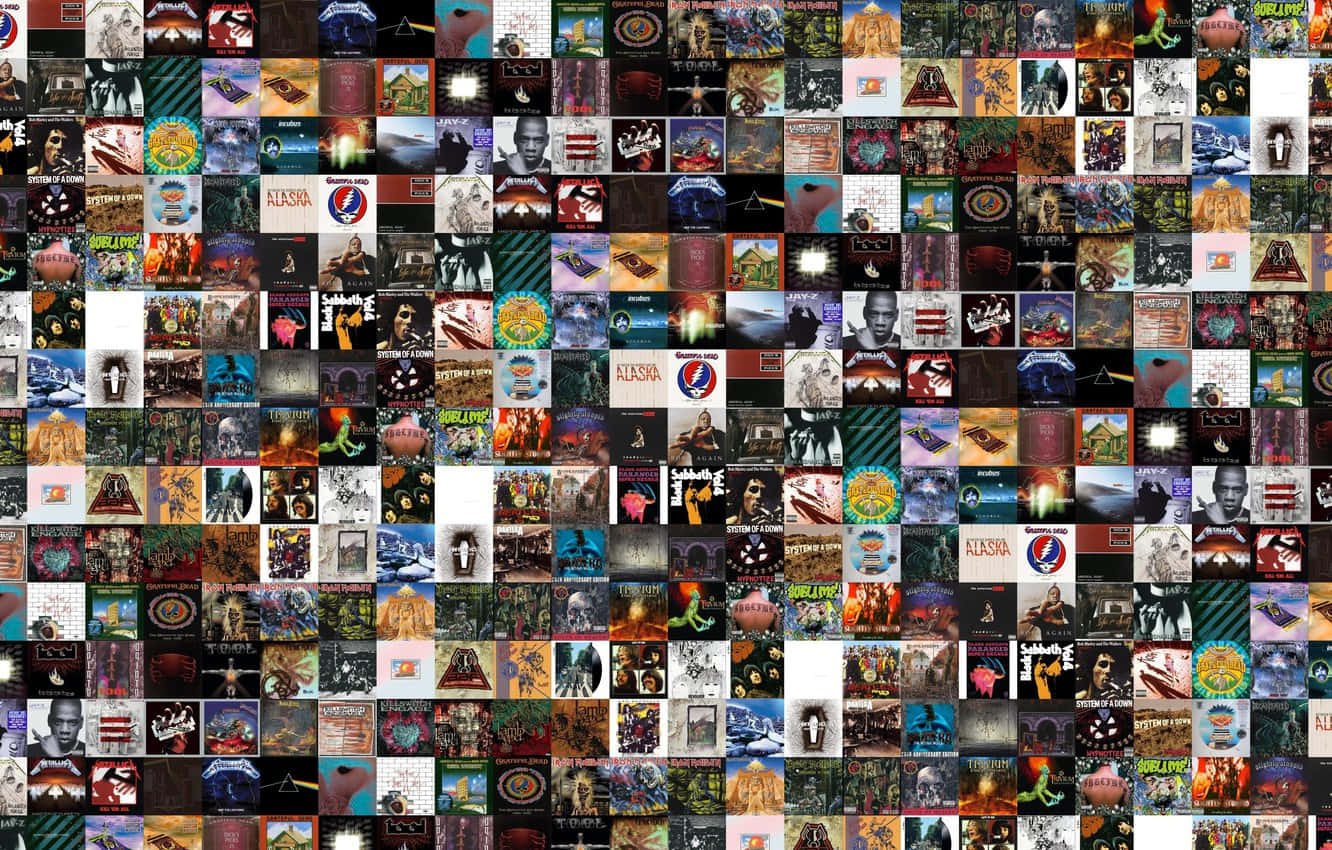 Rapper Collage 桌布 壁紙 — 由不同音樂類型和時代的彩色復古專輯封面組成的密集馬賽克。