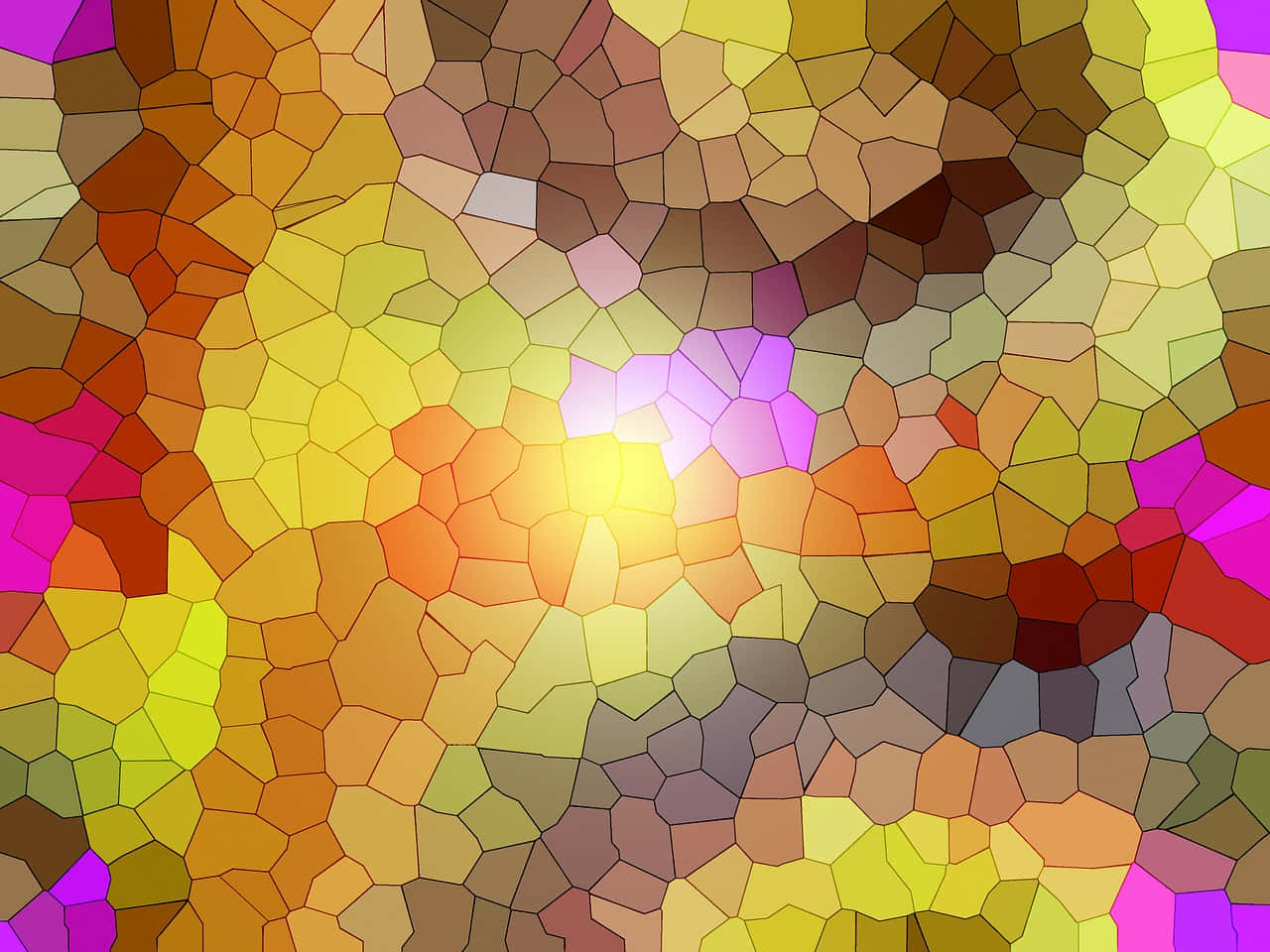 Mosaic 桌布 壁紙 — 由不規則多邊形瓷磚組成的充滿活力的馬賽克，以發光的黃色中心散發出溫暖的色調。