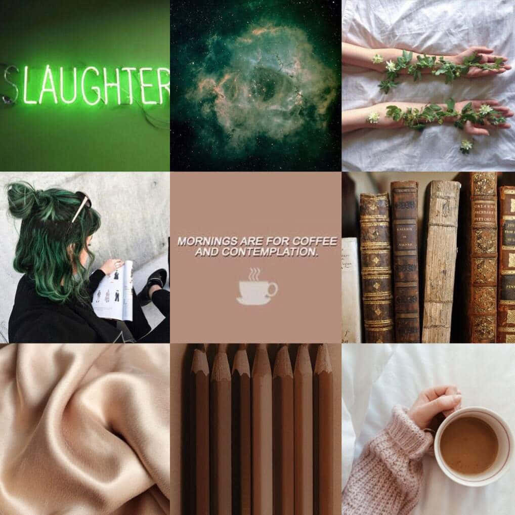 Capricorn Aesthetic 桌布 壁紙 — 由九個陰鬱美學面板組成的拼貼畫，包含霓虹文字、宇宙雲朵、花卉手臂、復古書籍、咖啡和鉛筆。