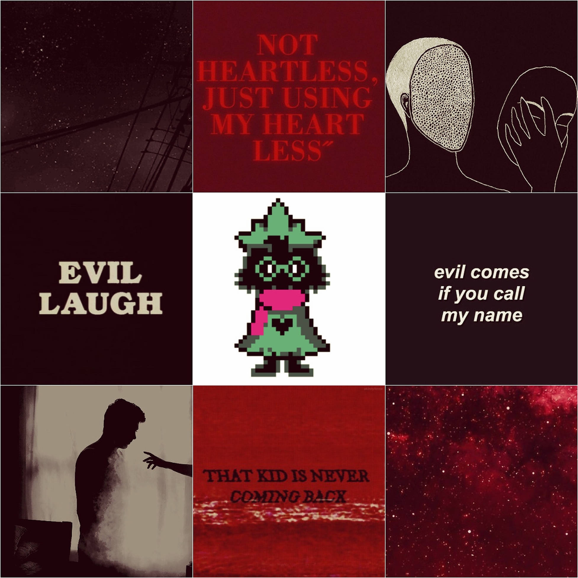 Ralsei 桌布 壁紙 — 由九個面板組成的深色拼貼畫，包含不祥的文字、像素藝術和剪影，背景為紅色和黑色。