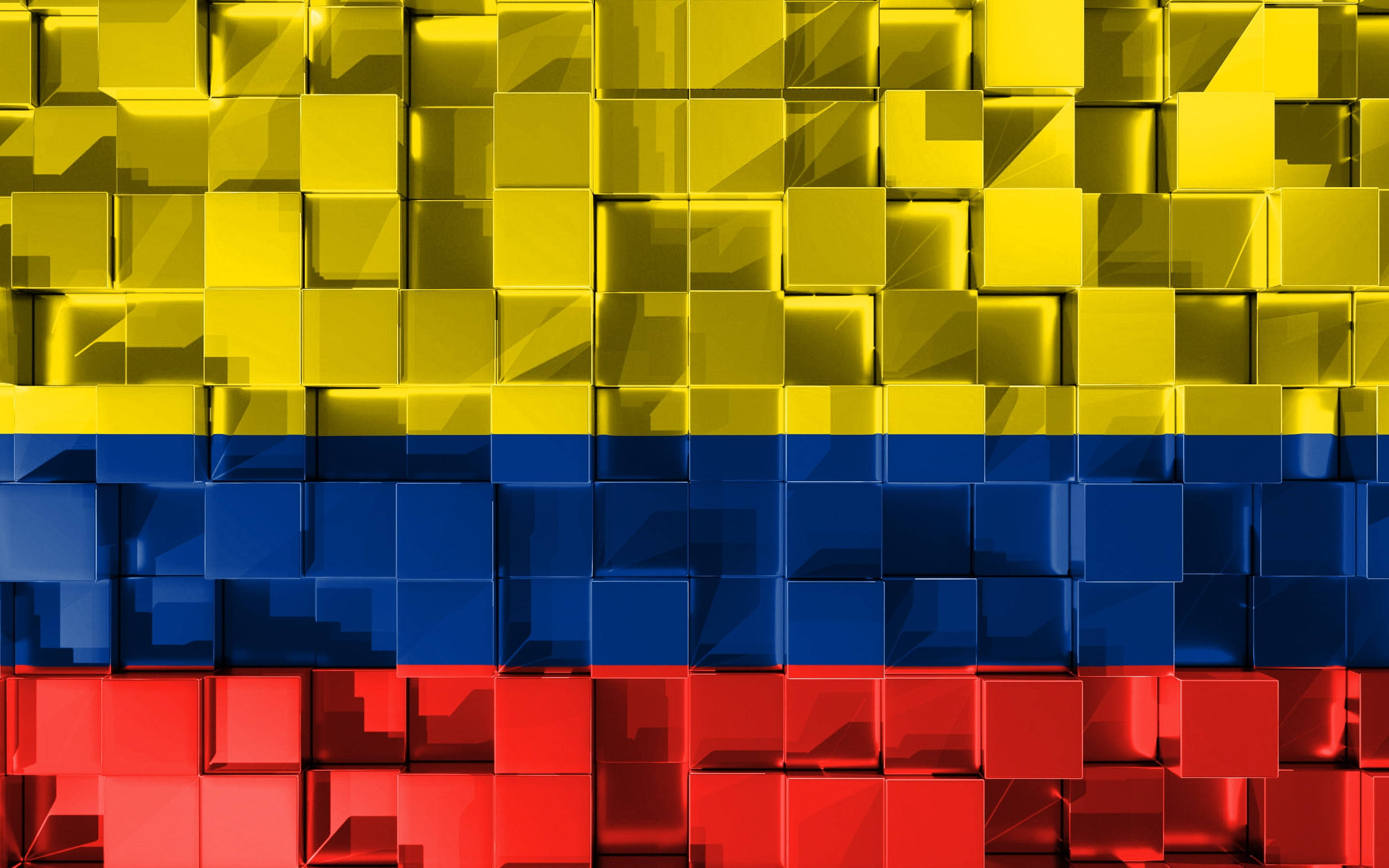 Colombia Flag 桌布 壁紙 — 由光澤立方體組成的哥倫比亞3D渲染國旗，採用黃、藍、紅水平條紋。