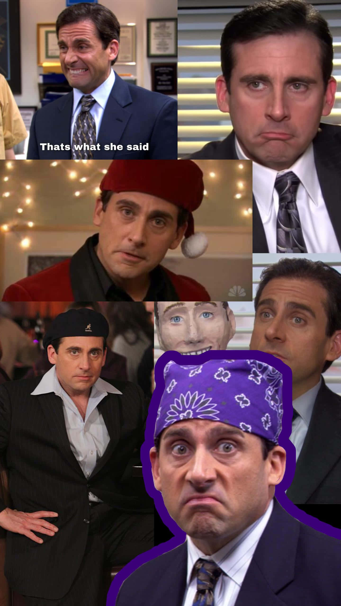 Michael Scott 桌布 壁紙 — 由六張《The Office》角色麥可·史考特（Michael Scott）戴著不同帽子和服裝的表情豐富特寫照片組成的拼貼畫。