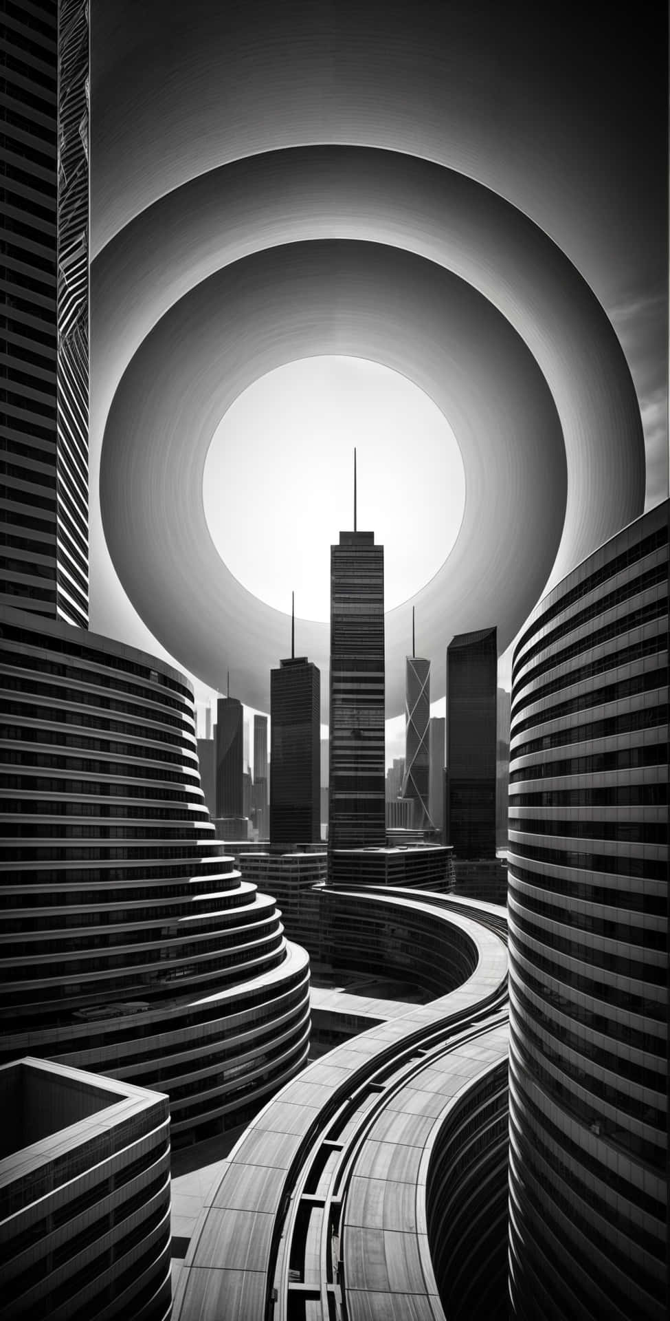 futuristic black-and-white cityscape with twisting skyscrapers 壁紙 — 由同心圓形建築、高聳摩天大樓和弧形步道構成的單色未來城市景觀。
