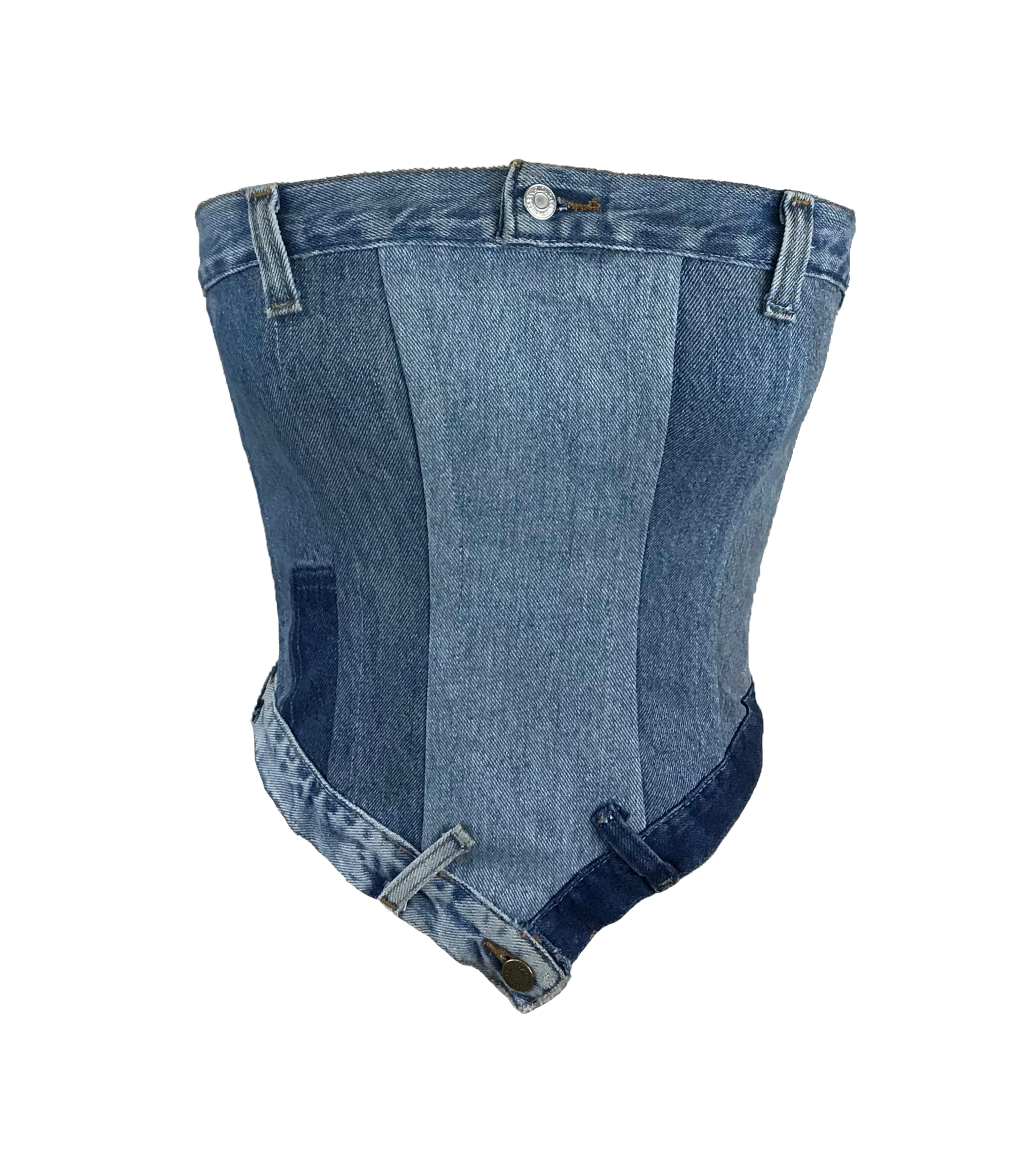 Clothes 桌布 壁紙 — 由回收牛仔褲製成的牛仔布緊身胸衣，帶有可見的縫線和鈕扣細節，背景為簡潔的黑白抽象圖案。