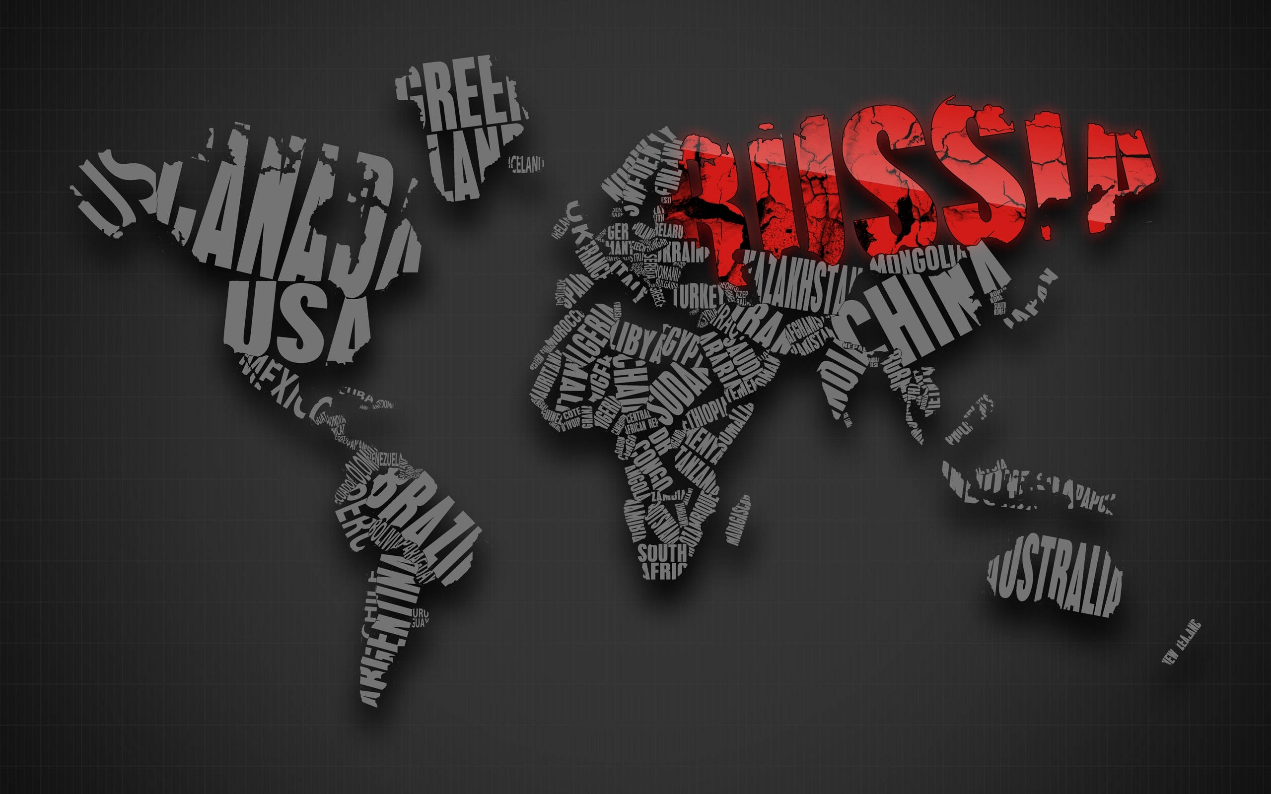 Russia 桌布 壁紙 — 由國家名稱組成的世界地圖，俄羅斯以粗體紅色3D文字突出顯示，背景為深色網格。