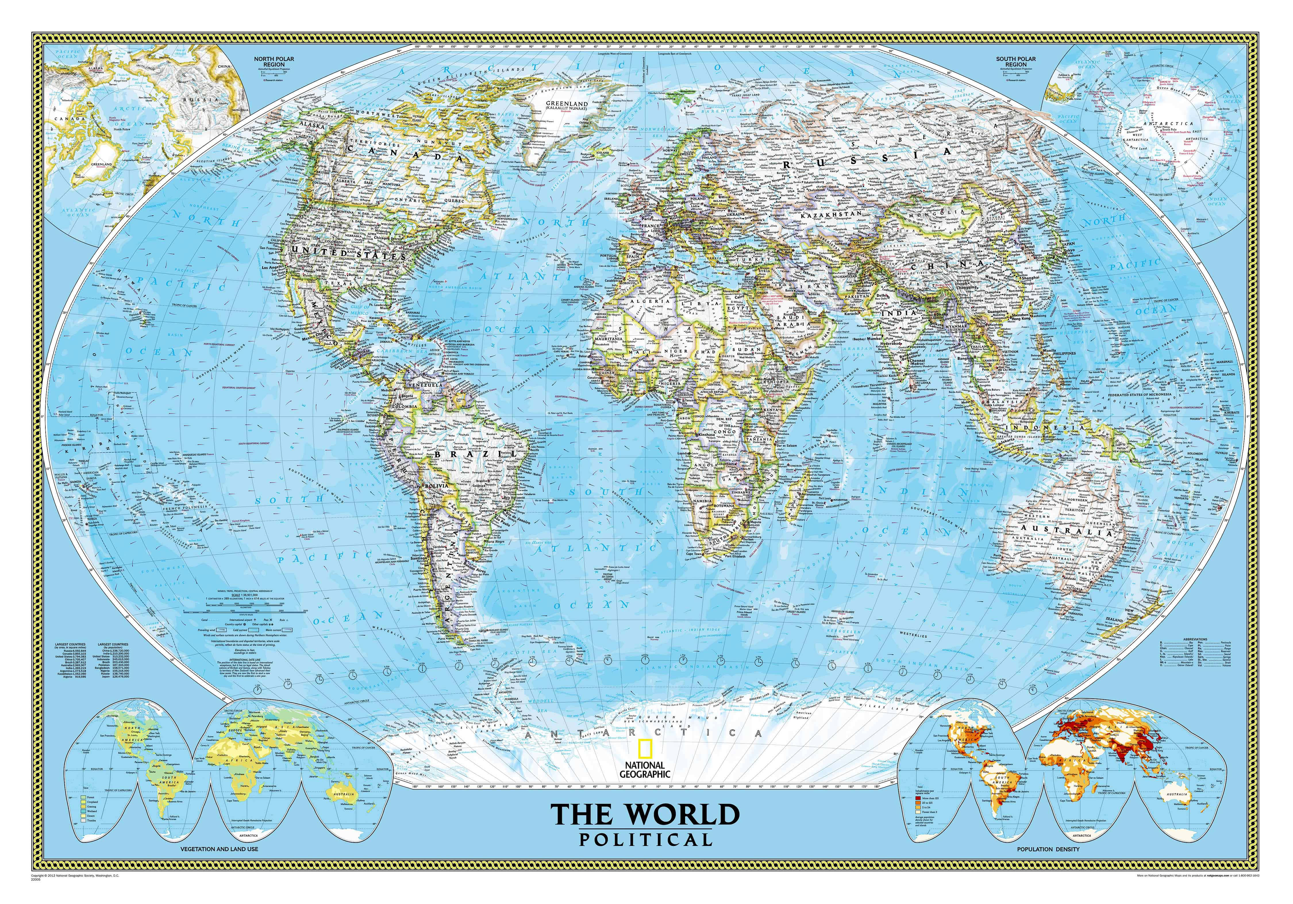 Map 桌布 壁紙 — 由國家地理雜誌製作的詳細政治世界地圖，藍色海洋和黃色陸地鑲嵌在裝飾邊框內。