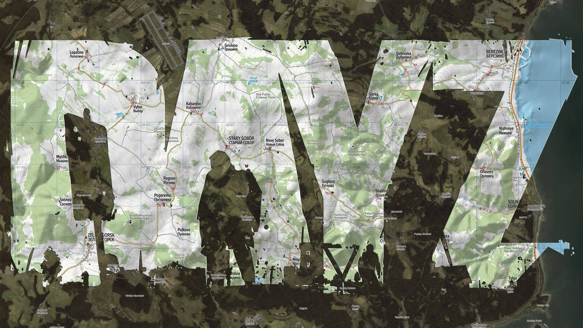 Dayz Desktop 桌布 壁紙 — 由地形圖形成的「BAY」字樣，士兵剪影站立在字母內。