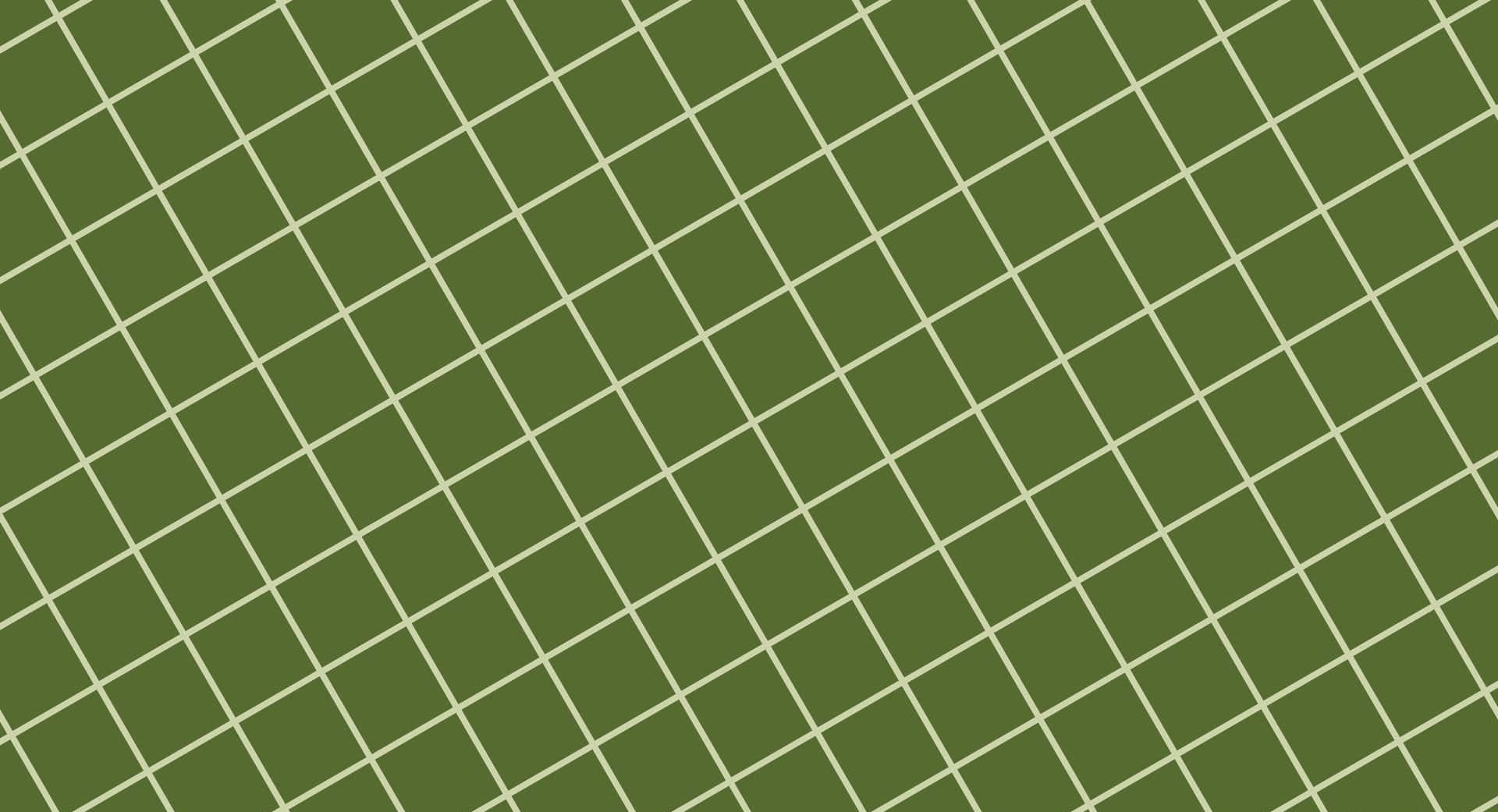 Aesthetic Green 桌布 壁紙 — 由奶油色線條分隔的橄欖綠色正方形組成的對角線網格，形成幾何圖案。