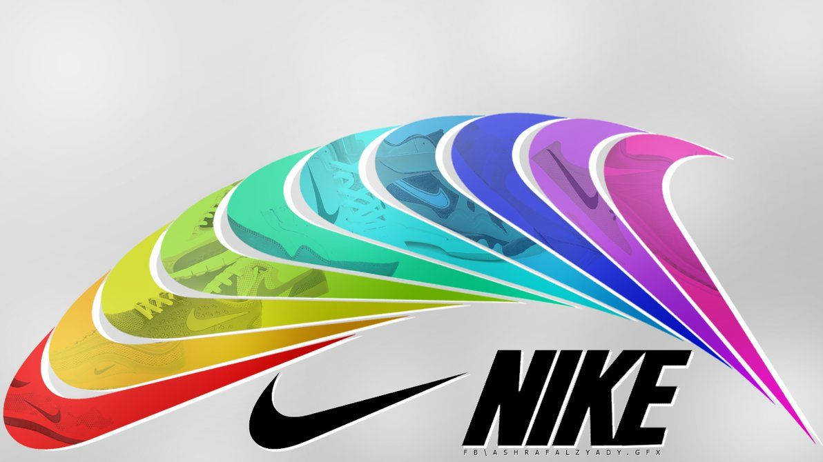 Nike 桌布 壁紙 — 由層疊的Nike鞋輪廓組成的充滿活力的彩虹漸變swoosh，在粗體的Nike標誌上方拱起。