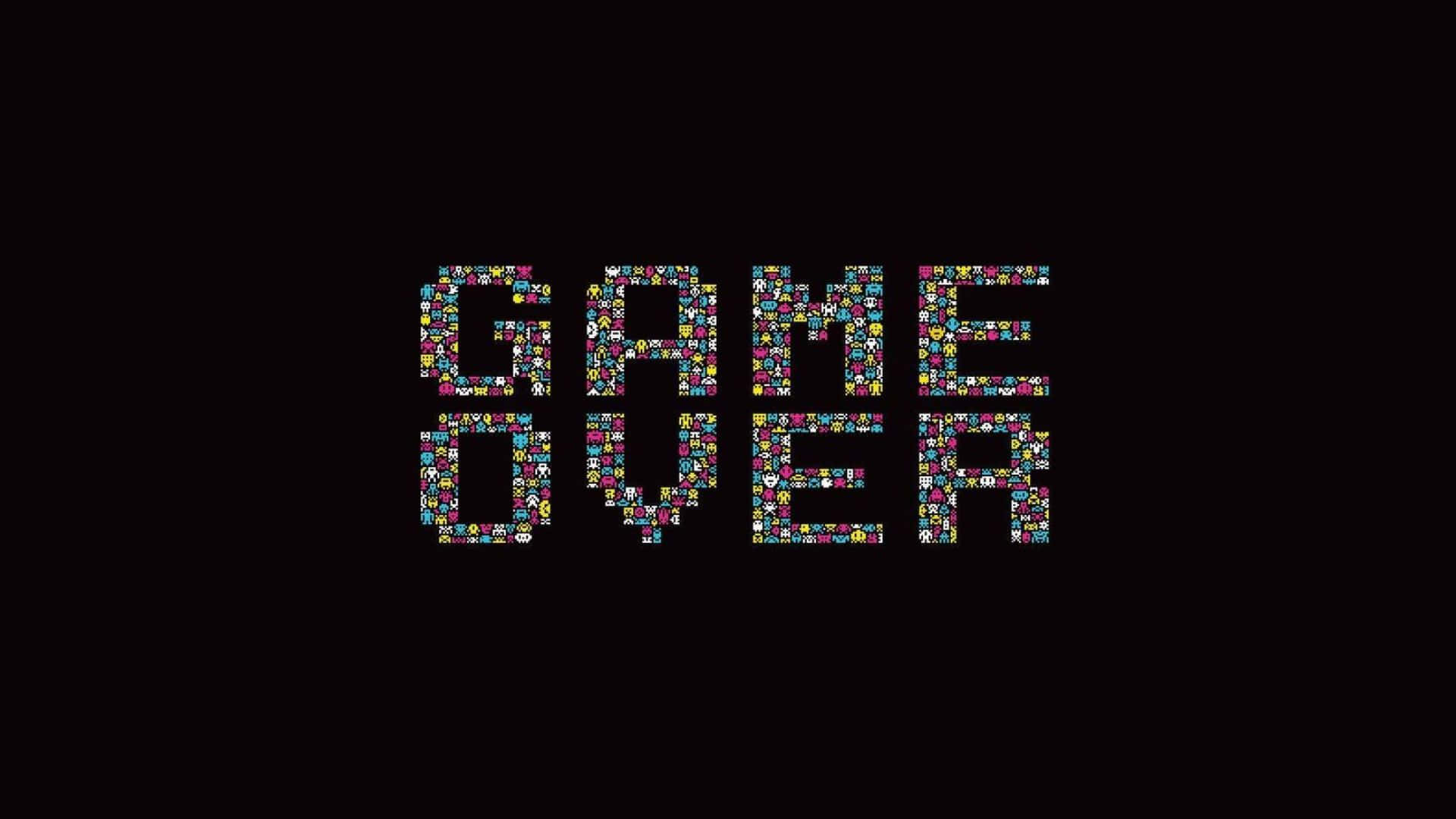 Minimalist Game 桌布 壁紙 — 由彩色像素遊戲圖標在黑色背景上組成的「GAME OVER」字樣。