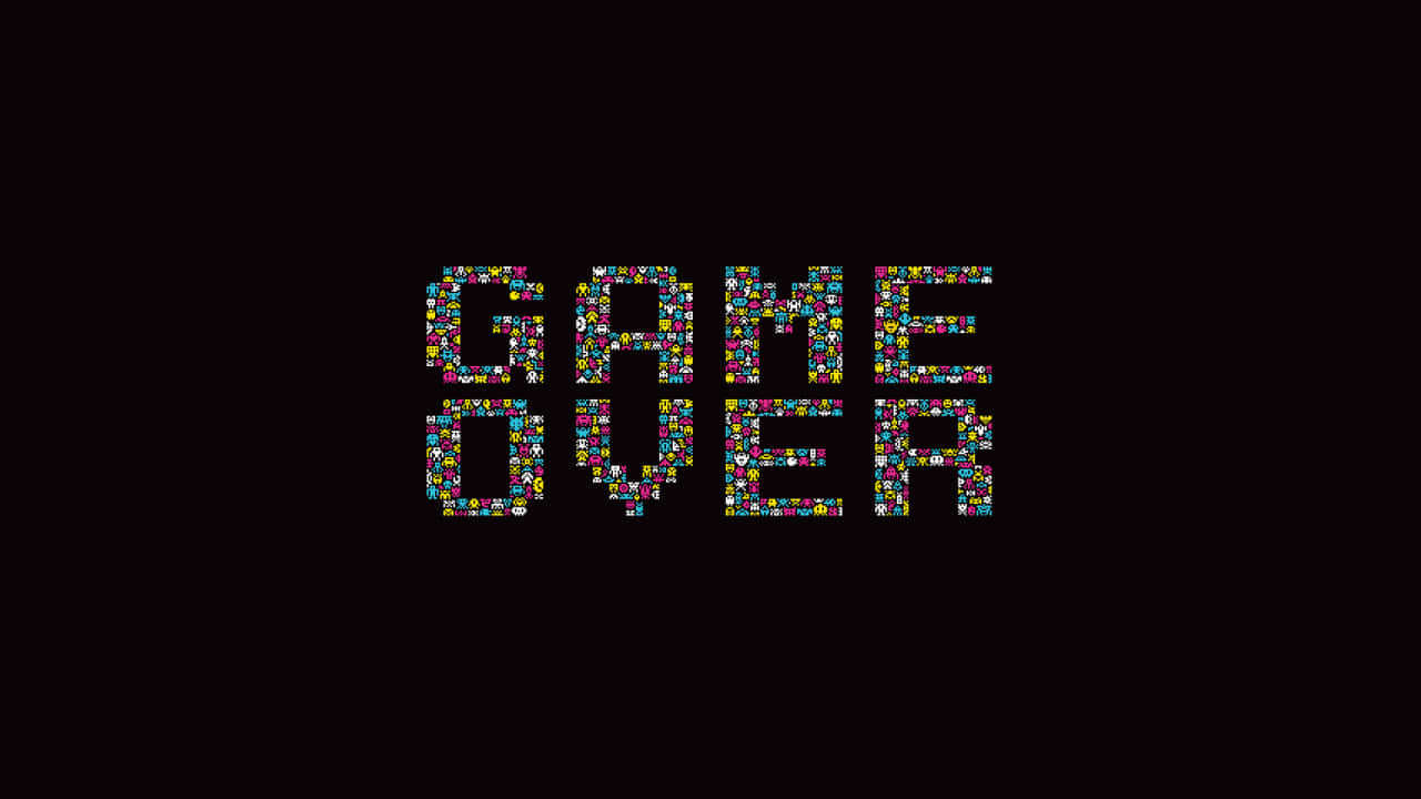 桌布 壁紙 — 由彩色像素遊戲圖標組成的粗體「GAME OVER」文字，背景為黑色。