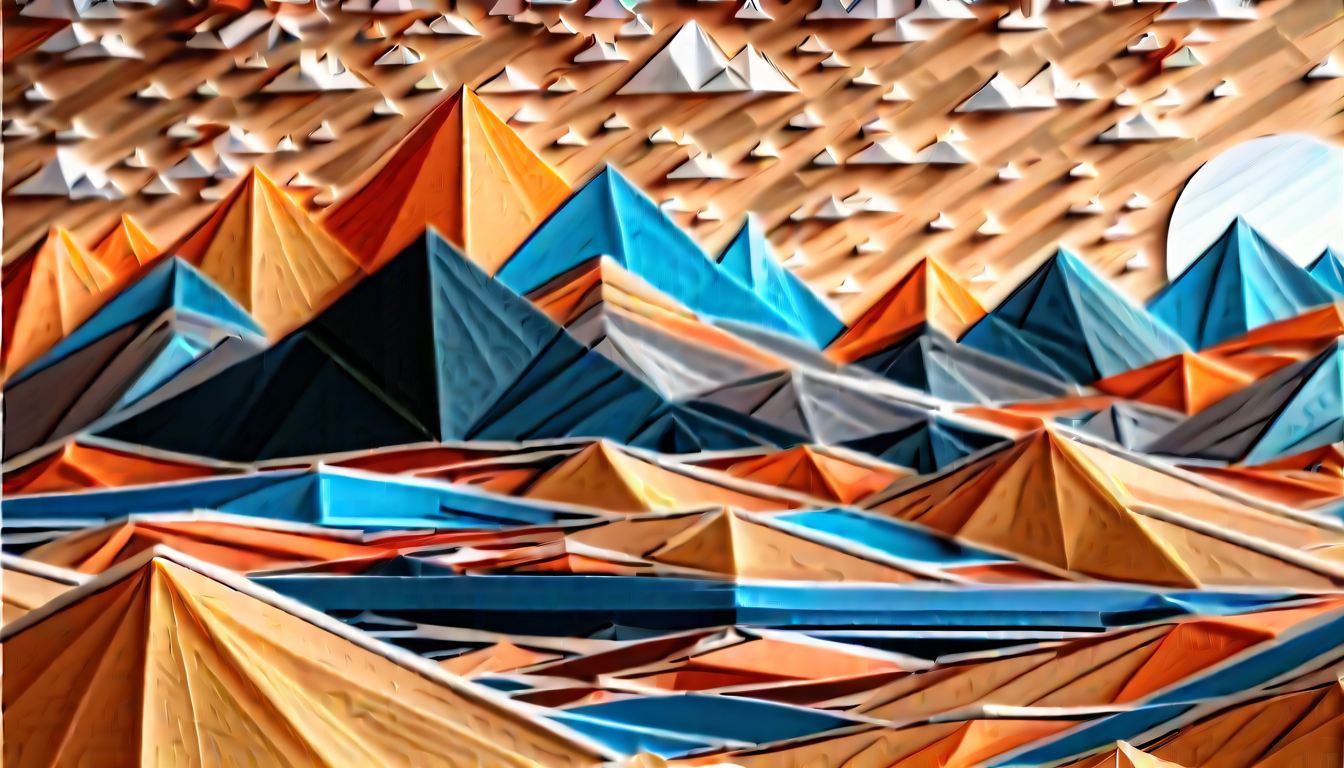 Geometric 桌布 壁紙 — 由摺紙製成的充滿活力的抽象山脈，採用大膽的橙色、藍色和灰色色調，天空中有幾何太陽。