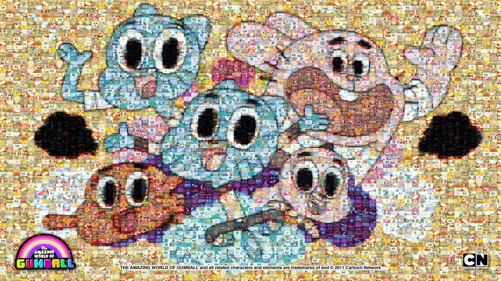Gumball 桌布 壁紙 — 由數千塊細小彩色拼圖碎片組成的《The Amazing World of Gumball》角色鮮豔馬賽克。