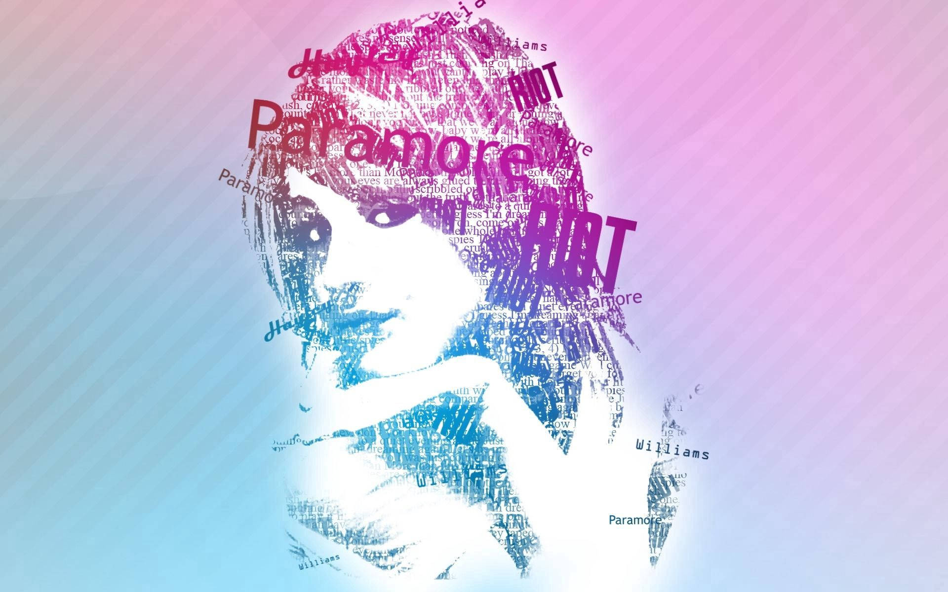 人像動態 桌布 壁紙 — 由文字詞語（如 Paramore 和 Hurt）組成的 Hayley Williams 風格化肖像，背景為漸變粉紅色和藍色。