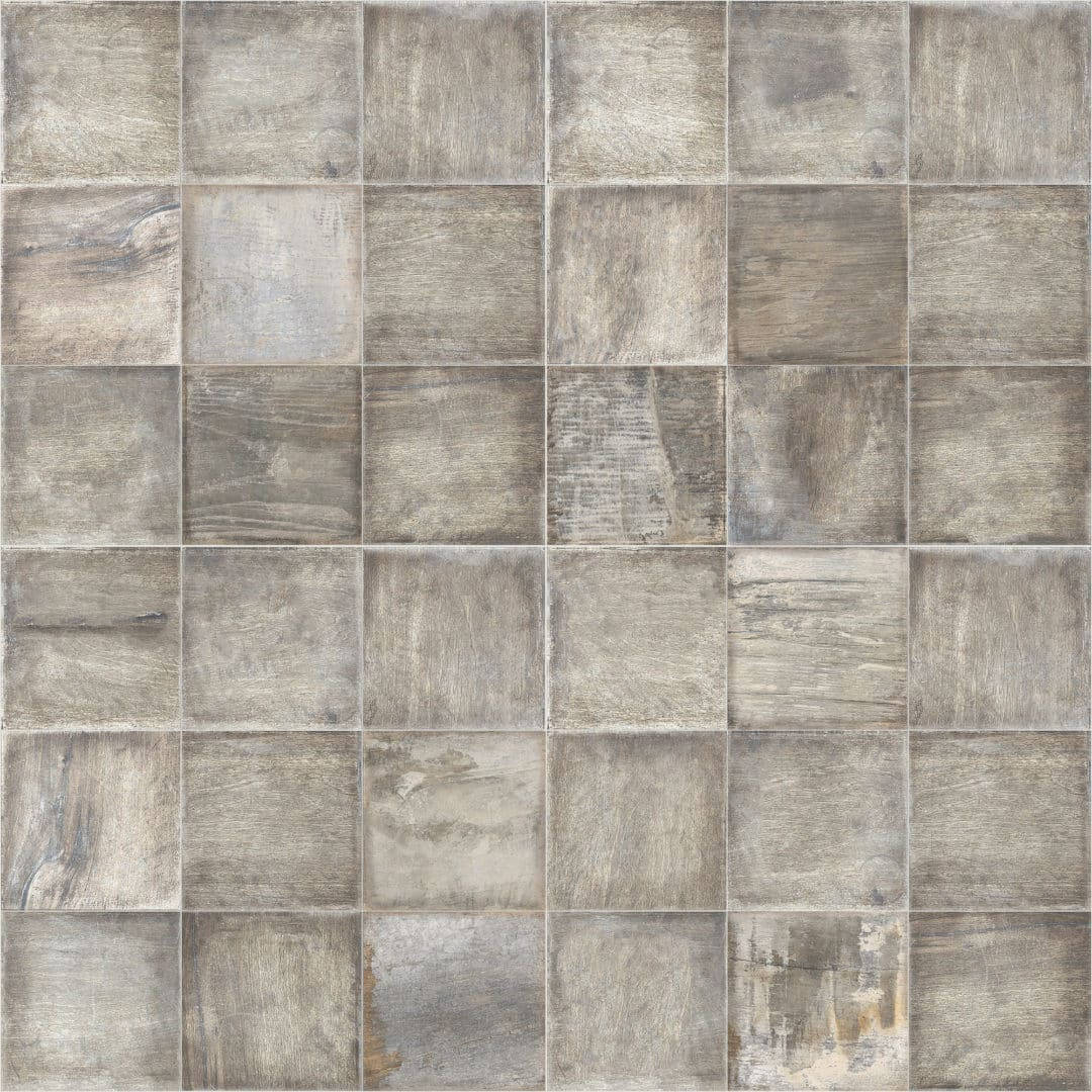 Floor Tiles 桌布 壁紙 — 由方形瓷磚組成的網格，具有多種灰色木紋紋理和微妙的風化效果。